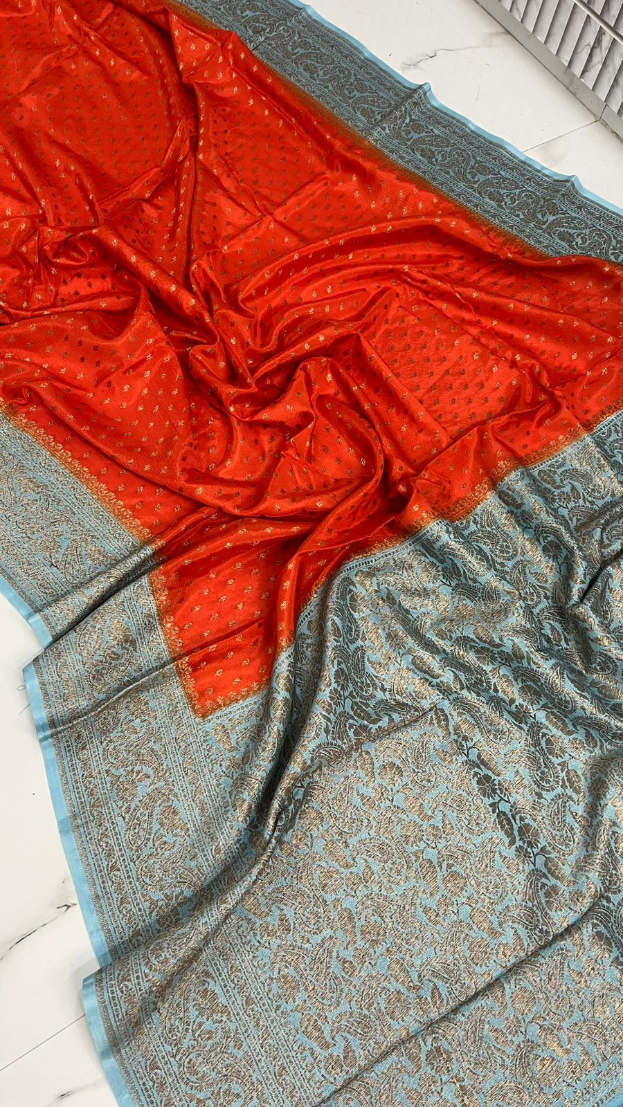 Orange N Blue Koniya Banarasi Pure Crepe Chiffon Saree