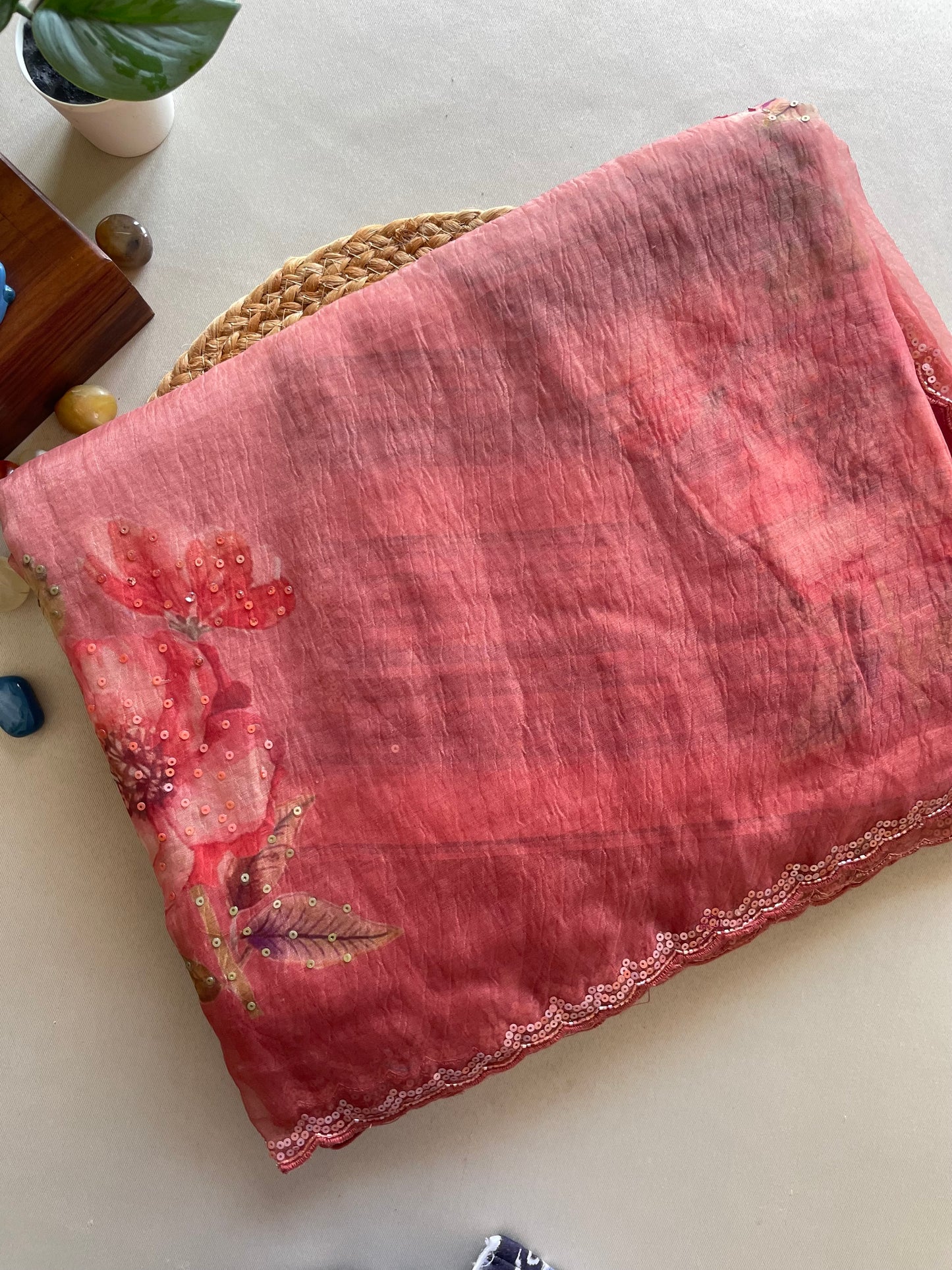 Red Scallop Embroidered Crushed Tissue Saree