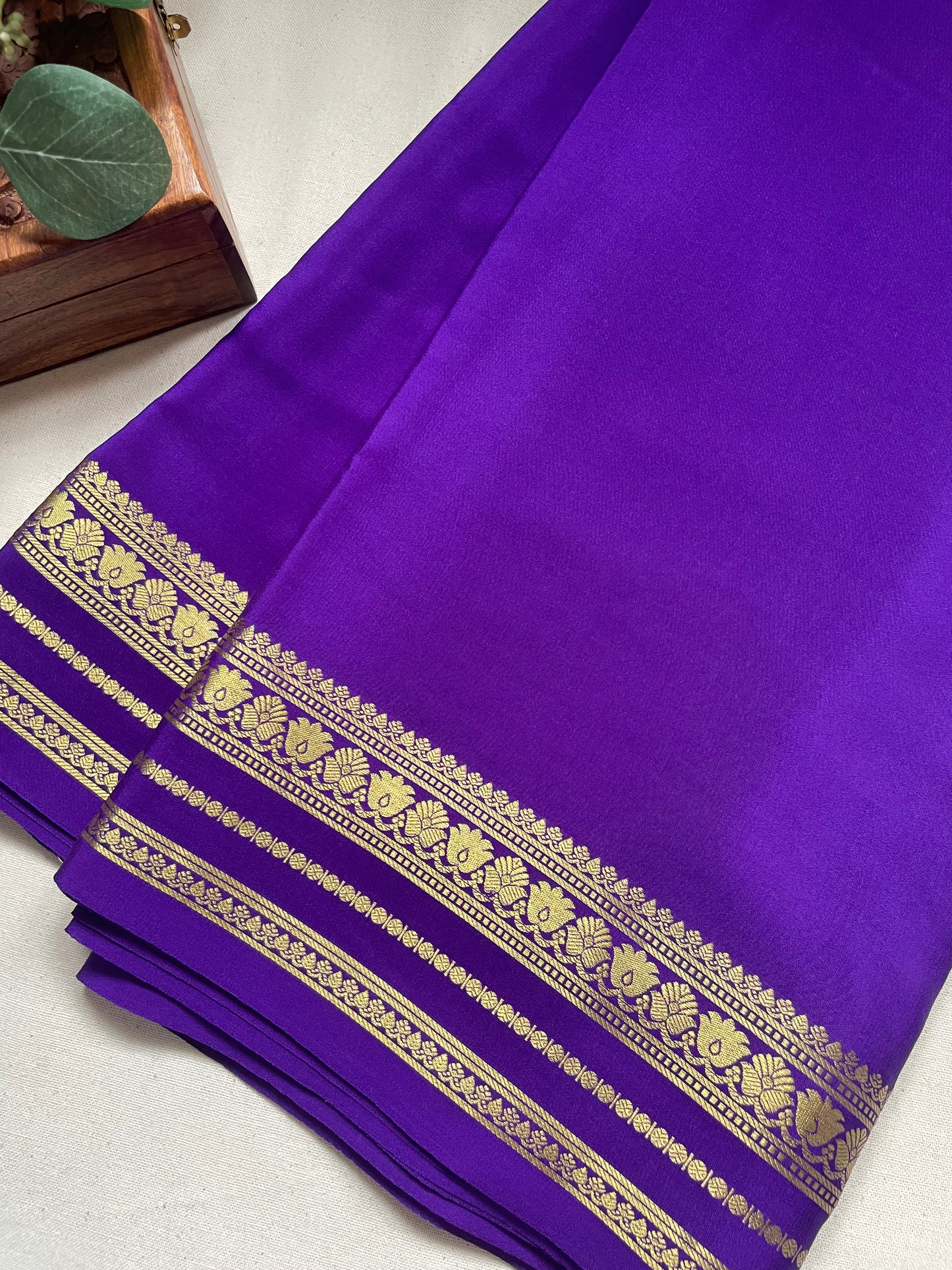Purple Floral Border Pure Mysore Crepe Silk Saree