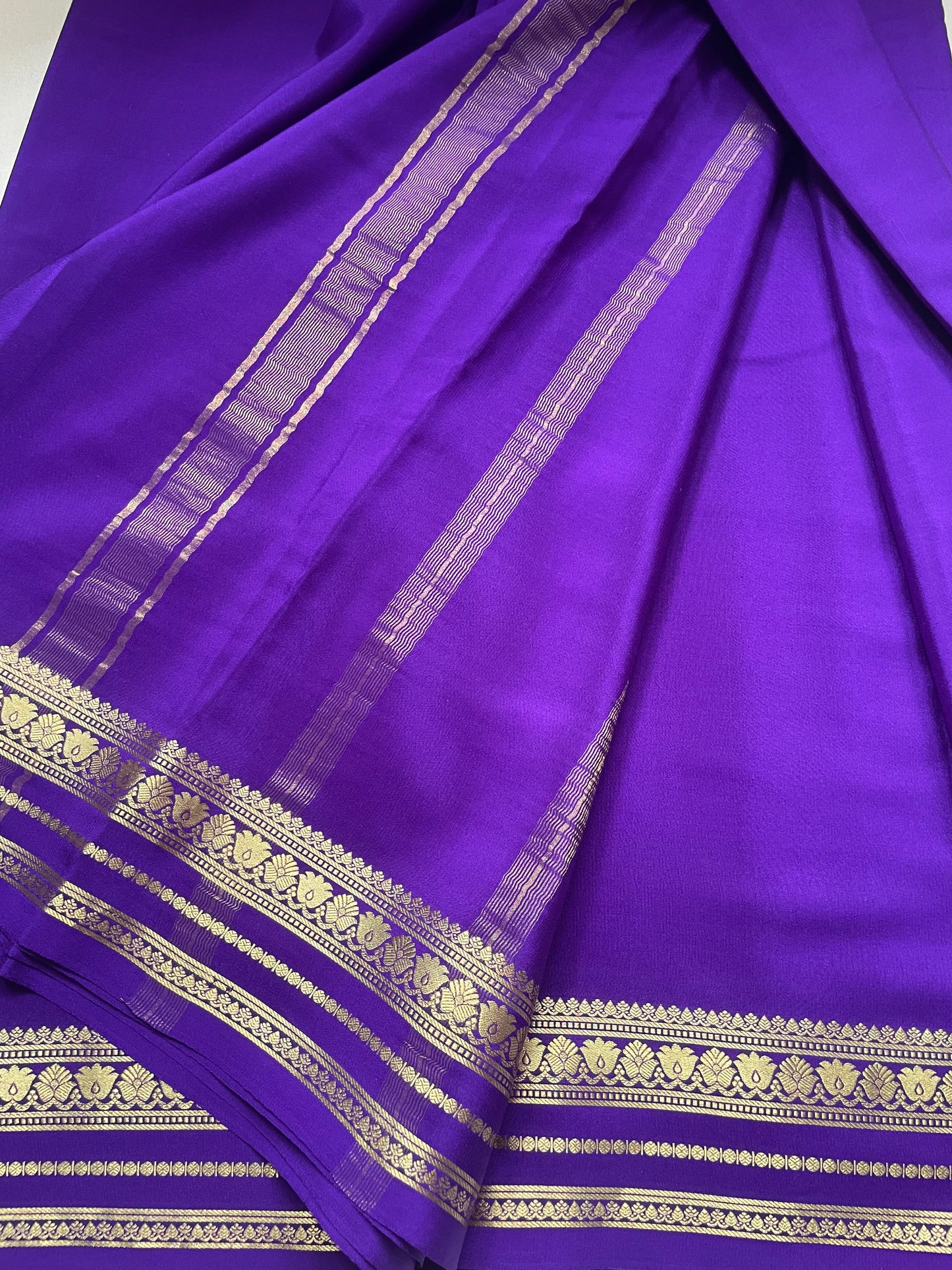 Purple Floral Border Pure Mysore Crepe Silk Saree