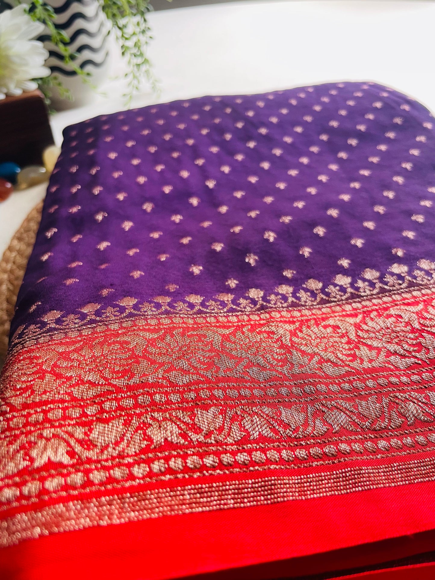 Purple n Red 02 Banarasi Pure Crepe Georgette Saree