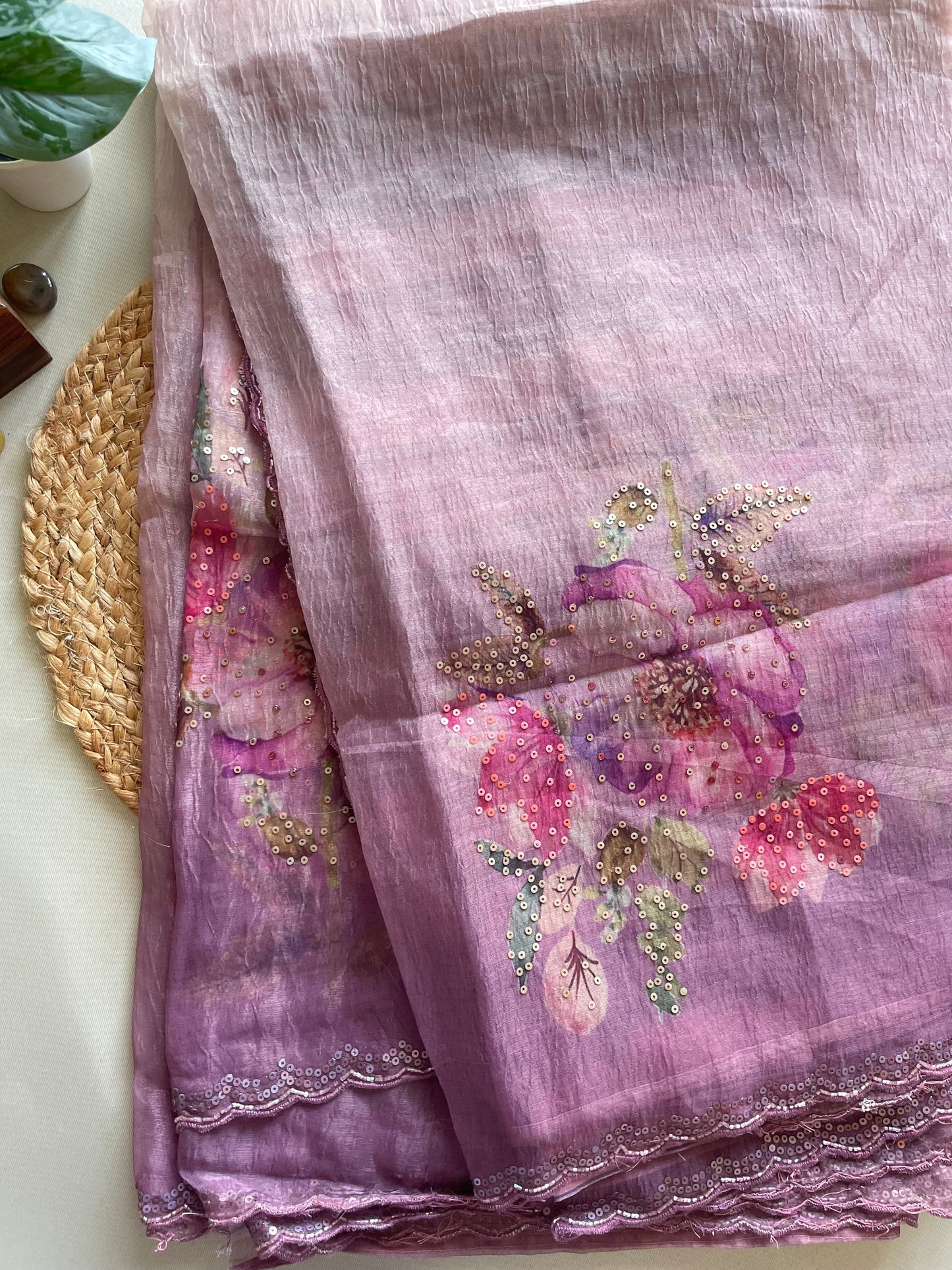 Purple Scallop Embroidered Crushed Tissue Saree