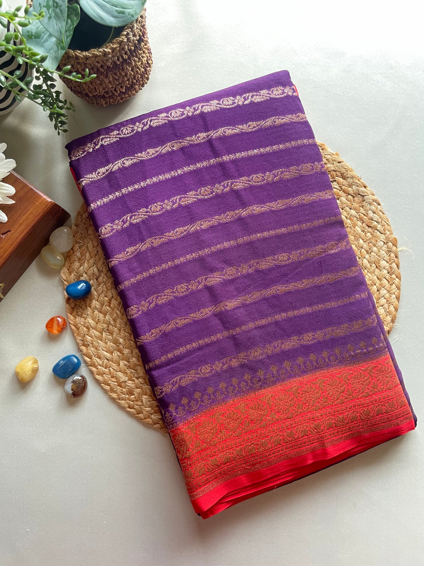 Purple n Red Stripes Banarasi Pure Crepe Georgette Saree