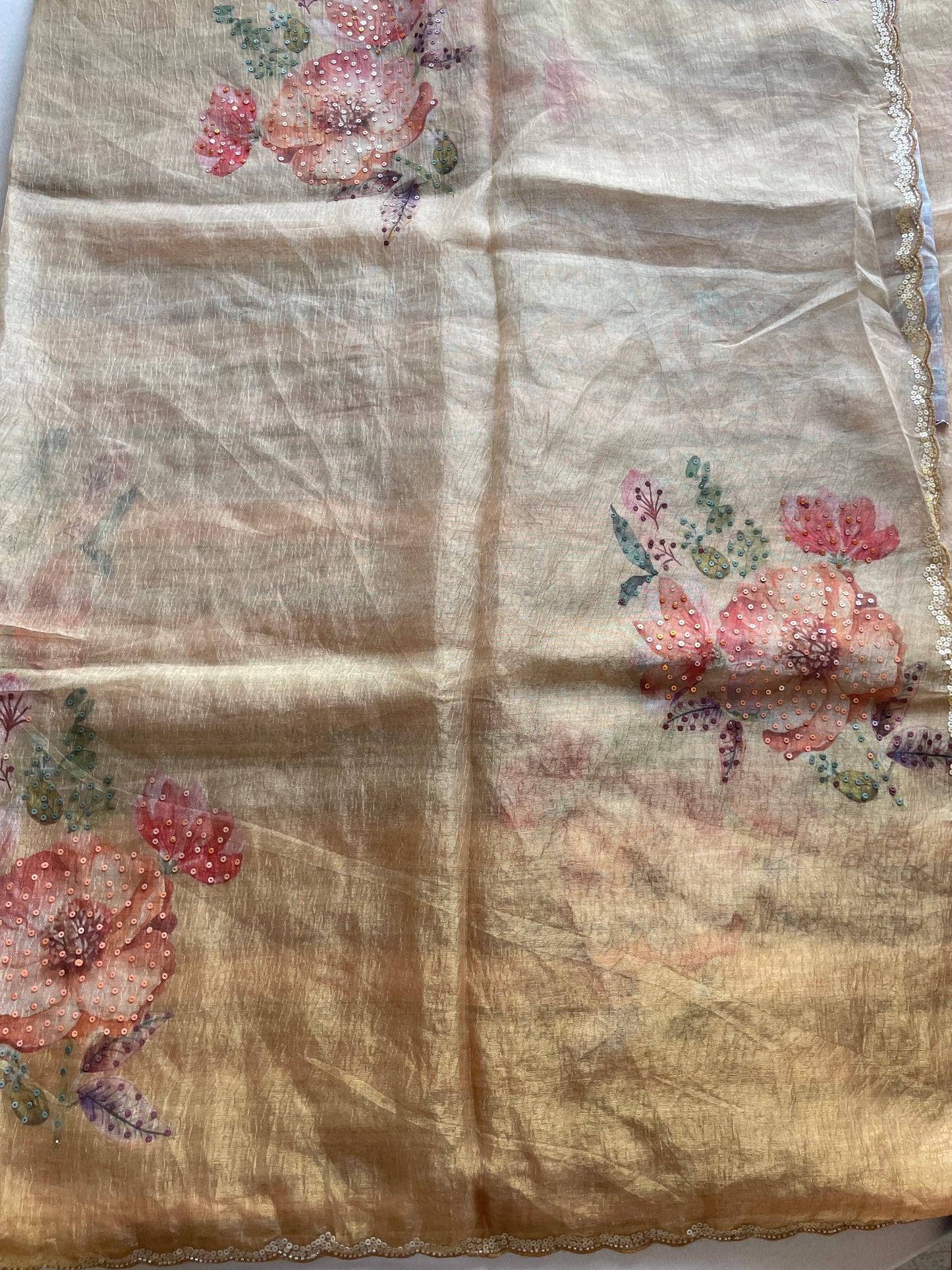 Yellow Scallop Embroidered Crushed Tissue Saree