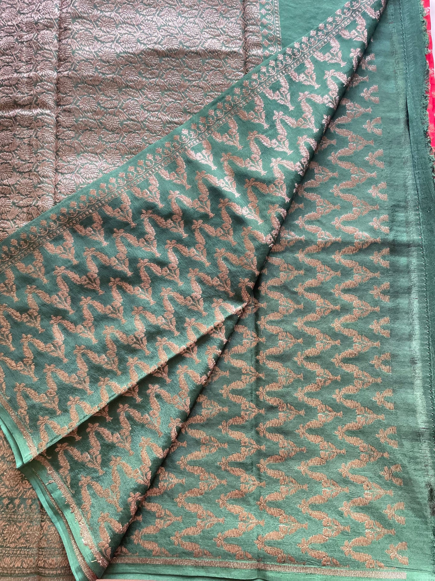 Red n Green Stripes Banarasi Pure Crepe Georgette Saree