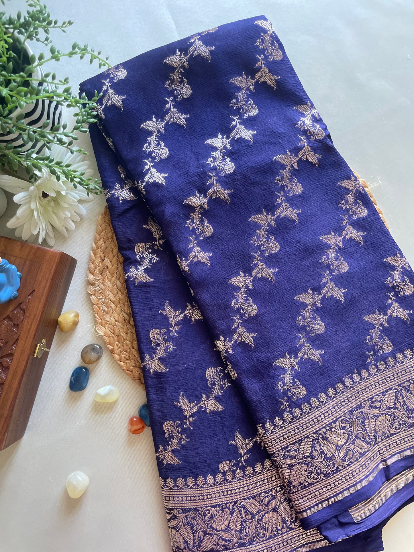 Navy Blue Banarai Pure Crepe Silk Saree