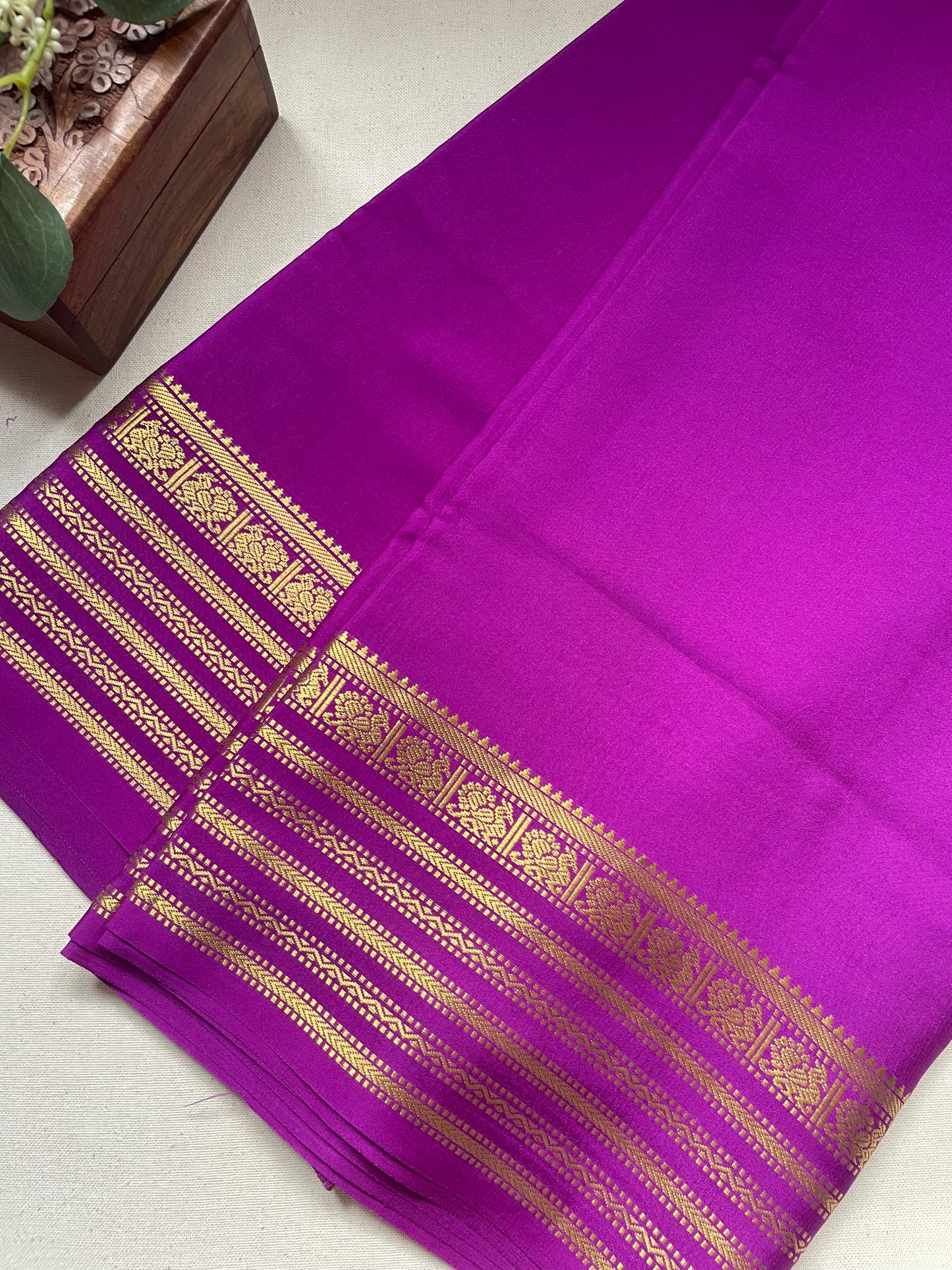 Purple Peacock Border Pure Mysore Crepe Silk Saree
