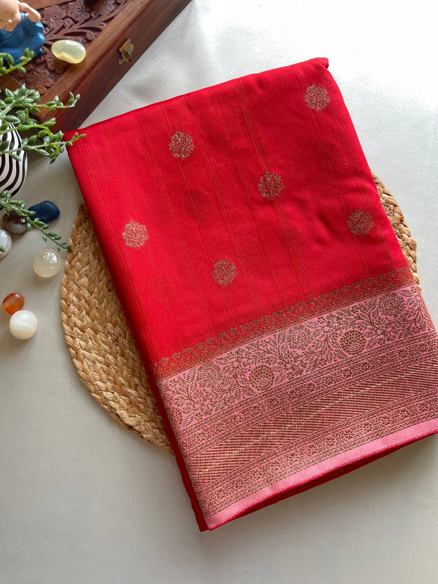 Red n Pink 02 Banarasi Tussar Saree