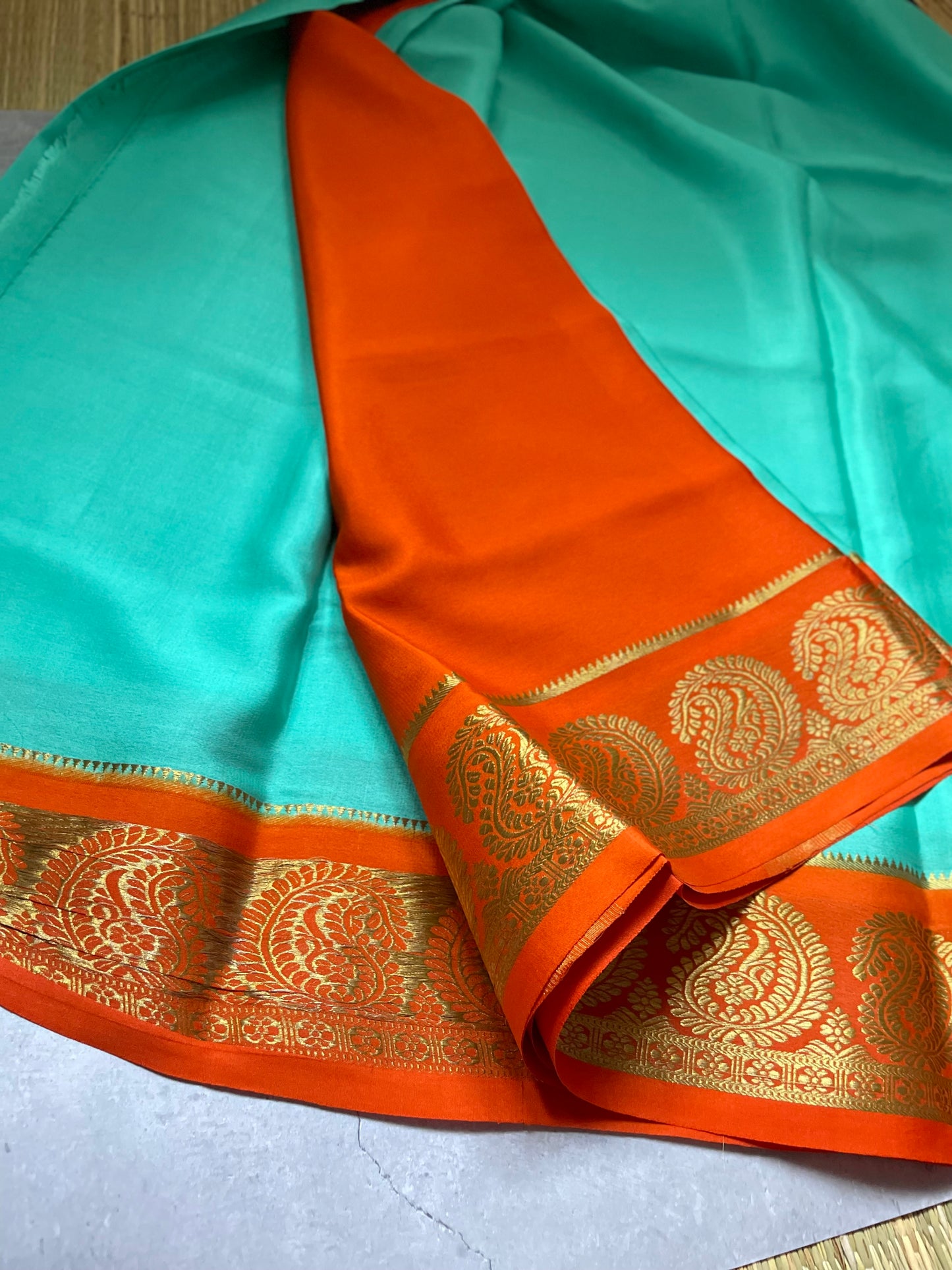 Sea Green N Orange Big Mango Pure Mysore Crepe Silk Saree