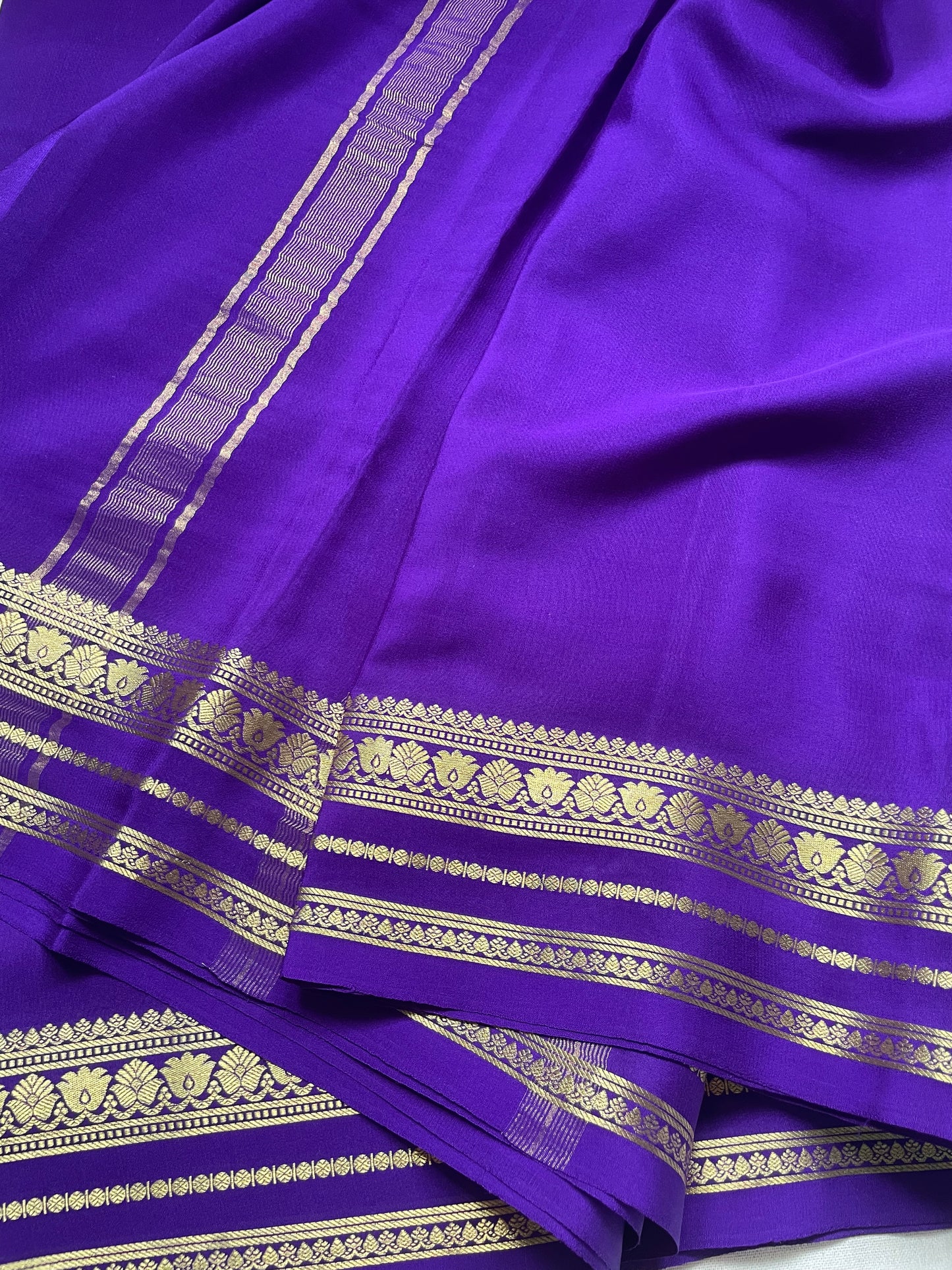 Purple Floral Border Pure Mysore Crepe Silk Saree
