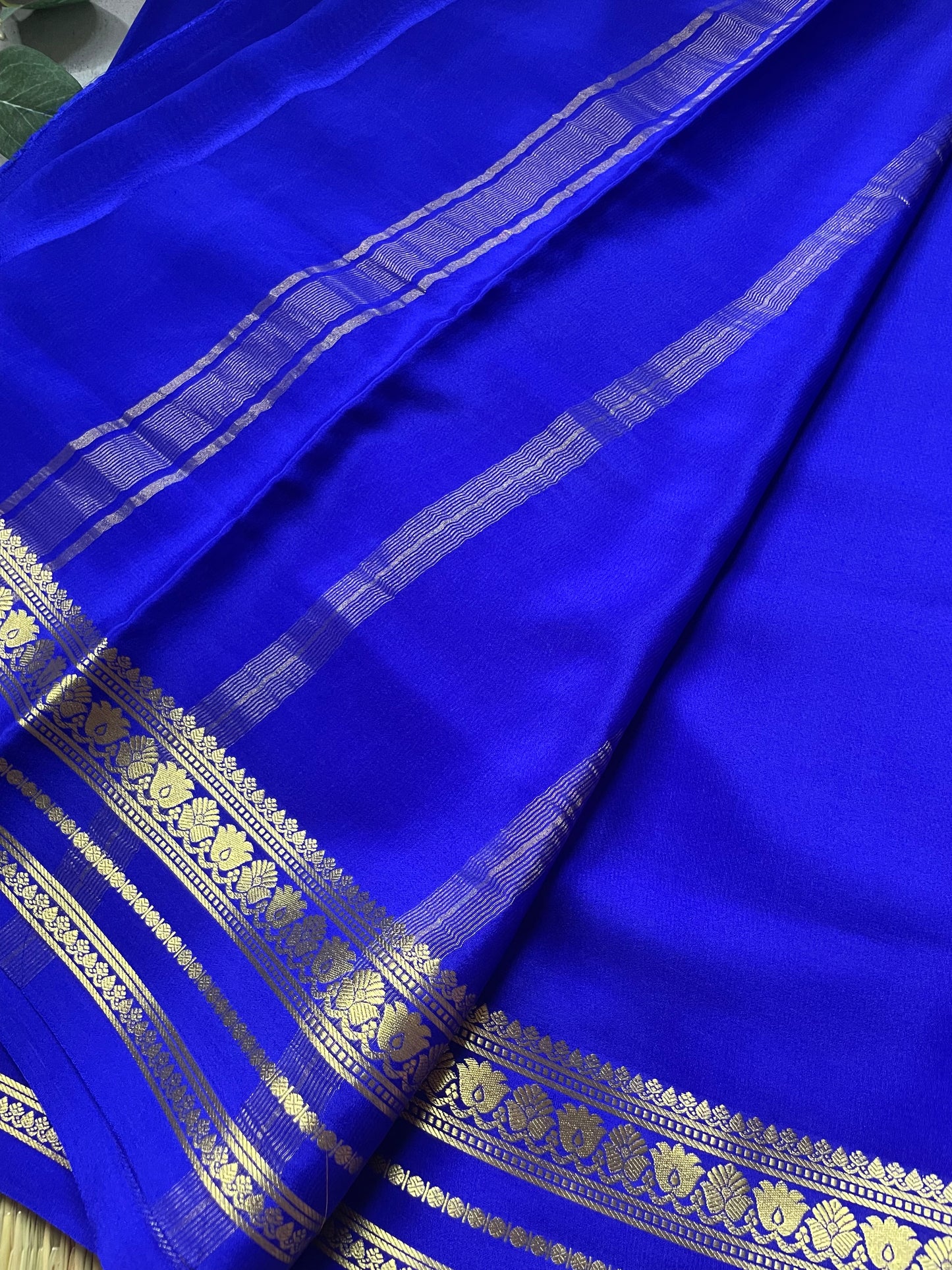 Royal Blue Floral Border Pure Mysore Crepe Silk Saree