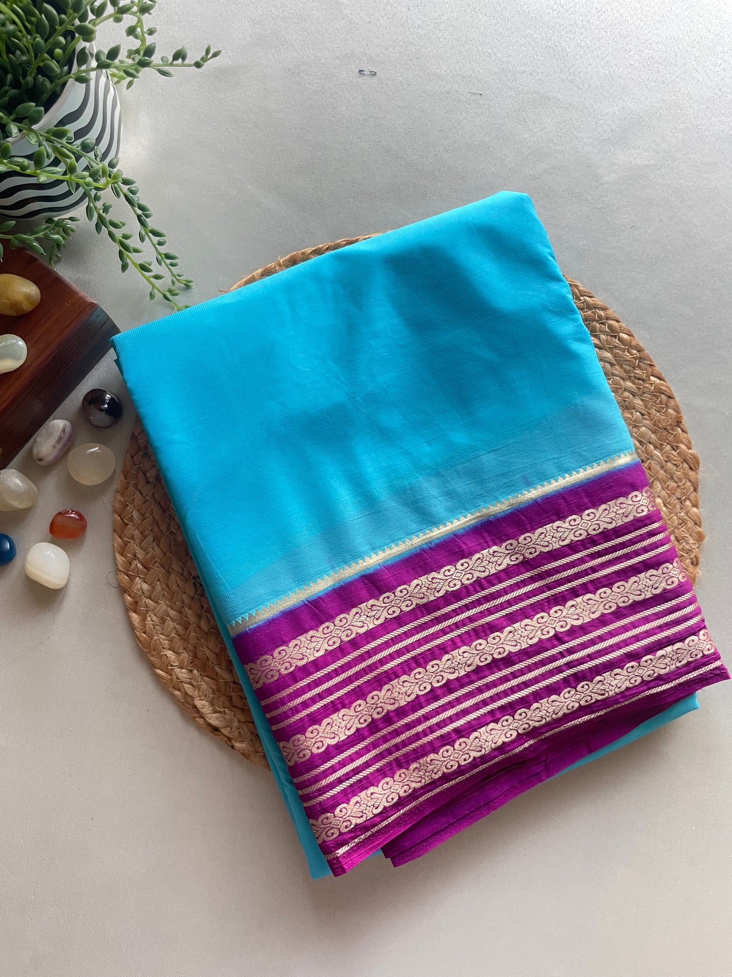Blue and Wine Semi Mysore Silk Saree