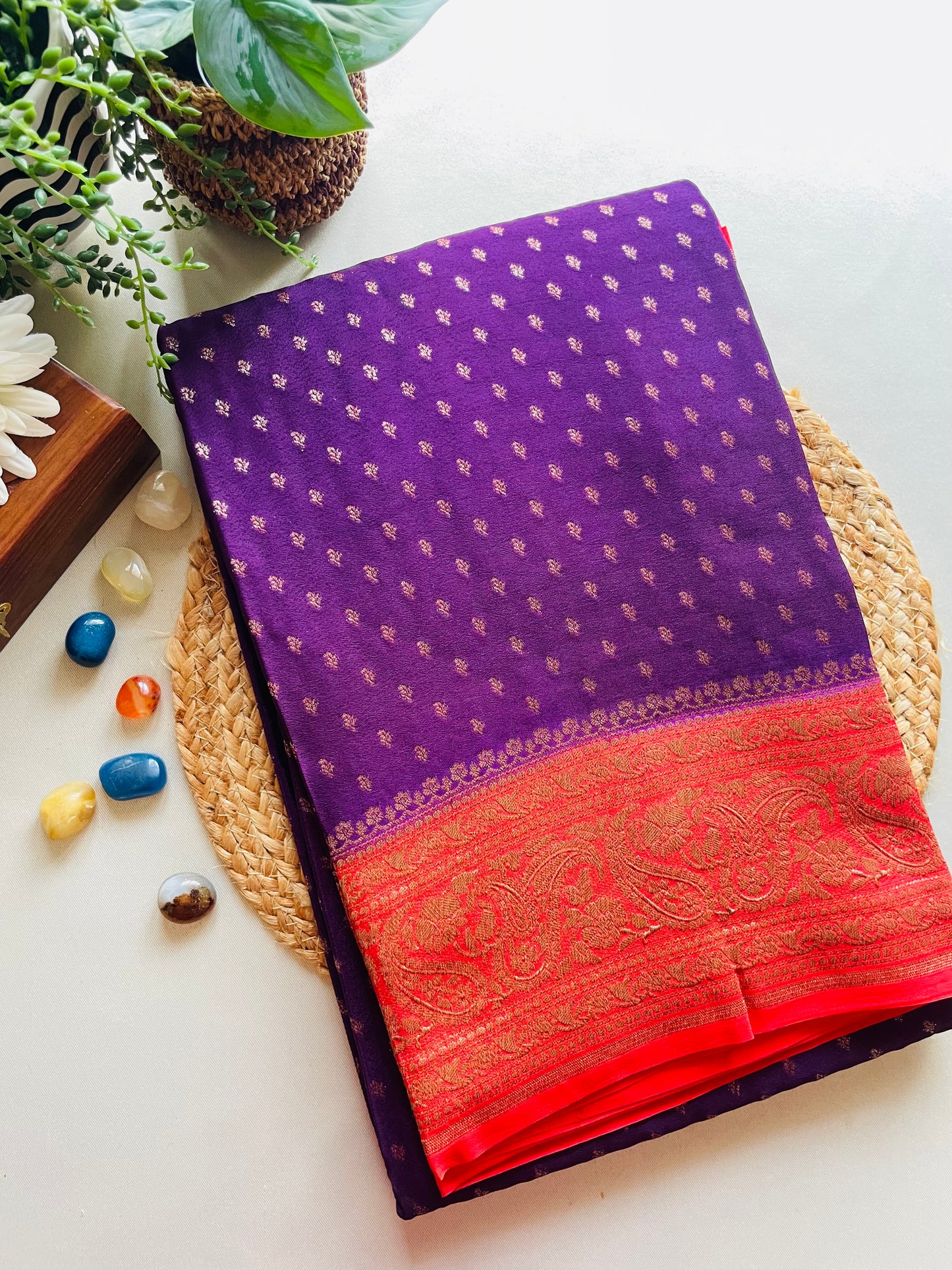 Purple n Red 03 Banarasi Pure Crepe Georgette Saree