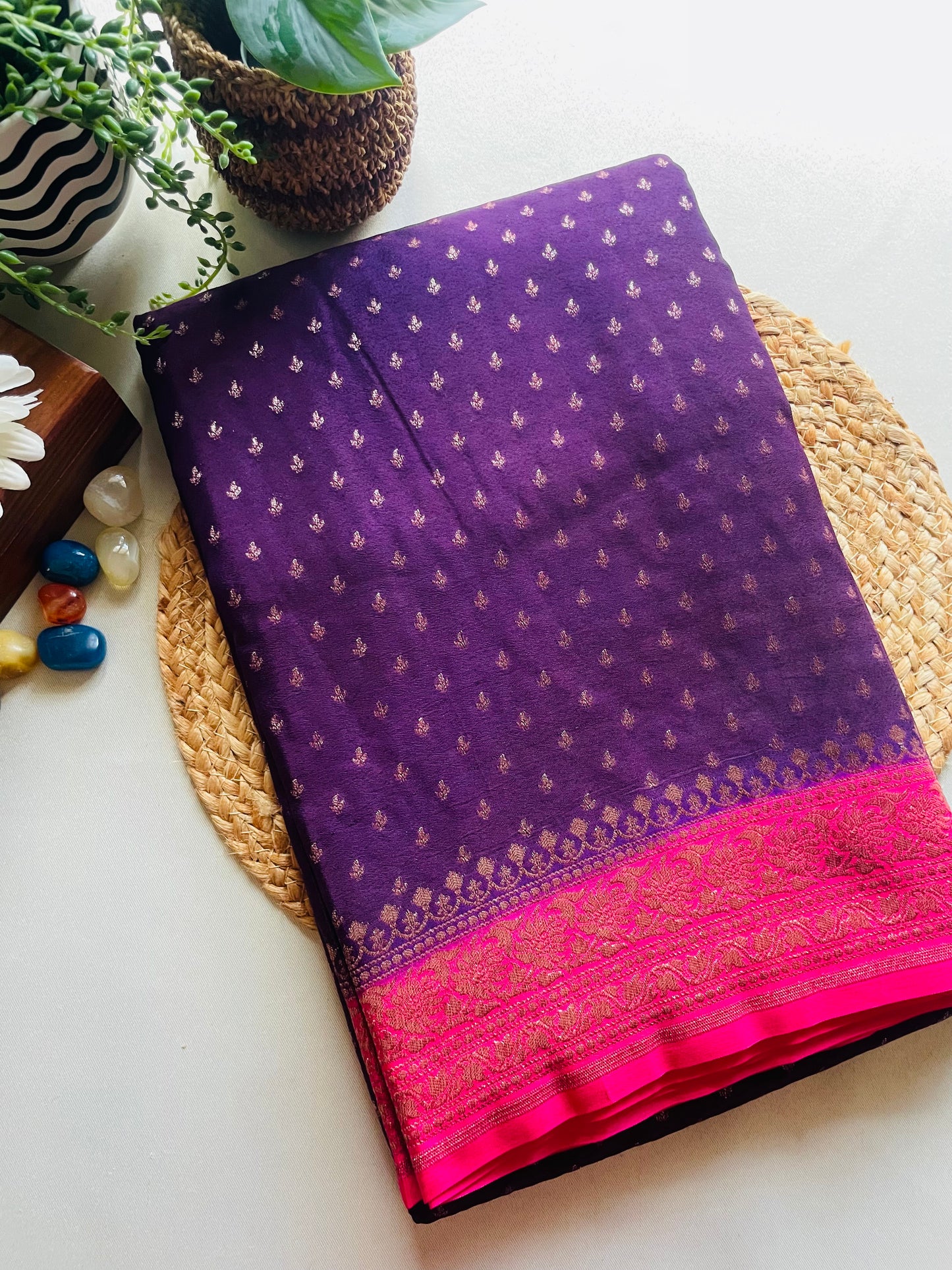 Purple n Pink Banarasi Pure Crepe Georgette Saree
