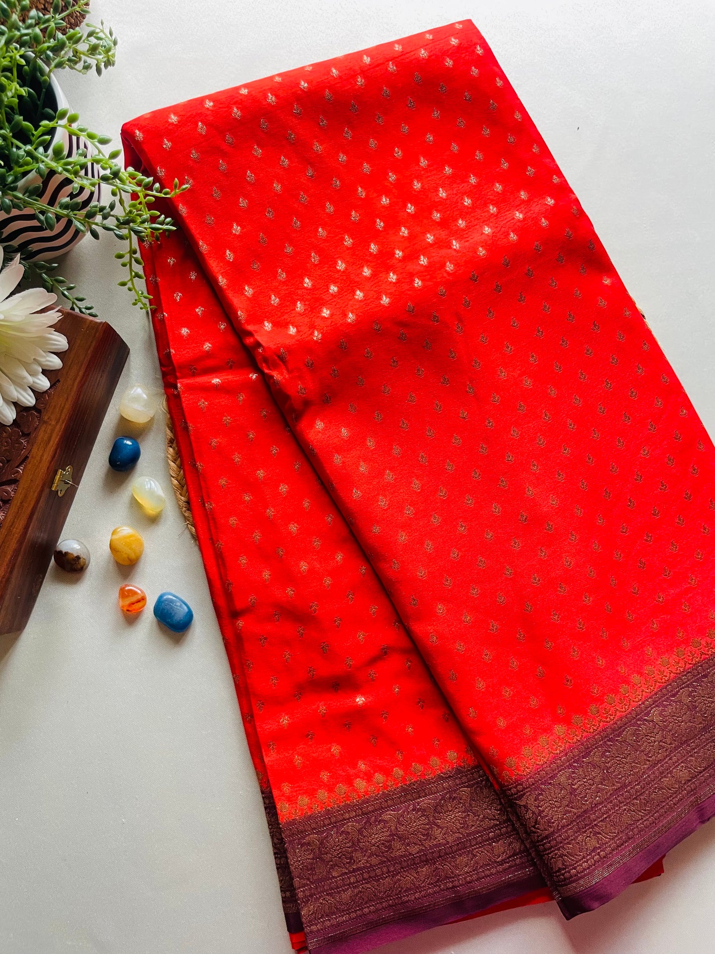 Orange n Wine Banarasi Pure Crepe Georgette Saree