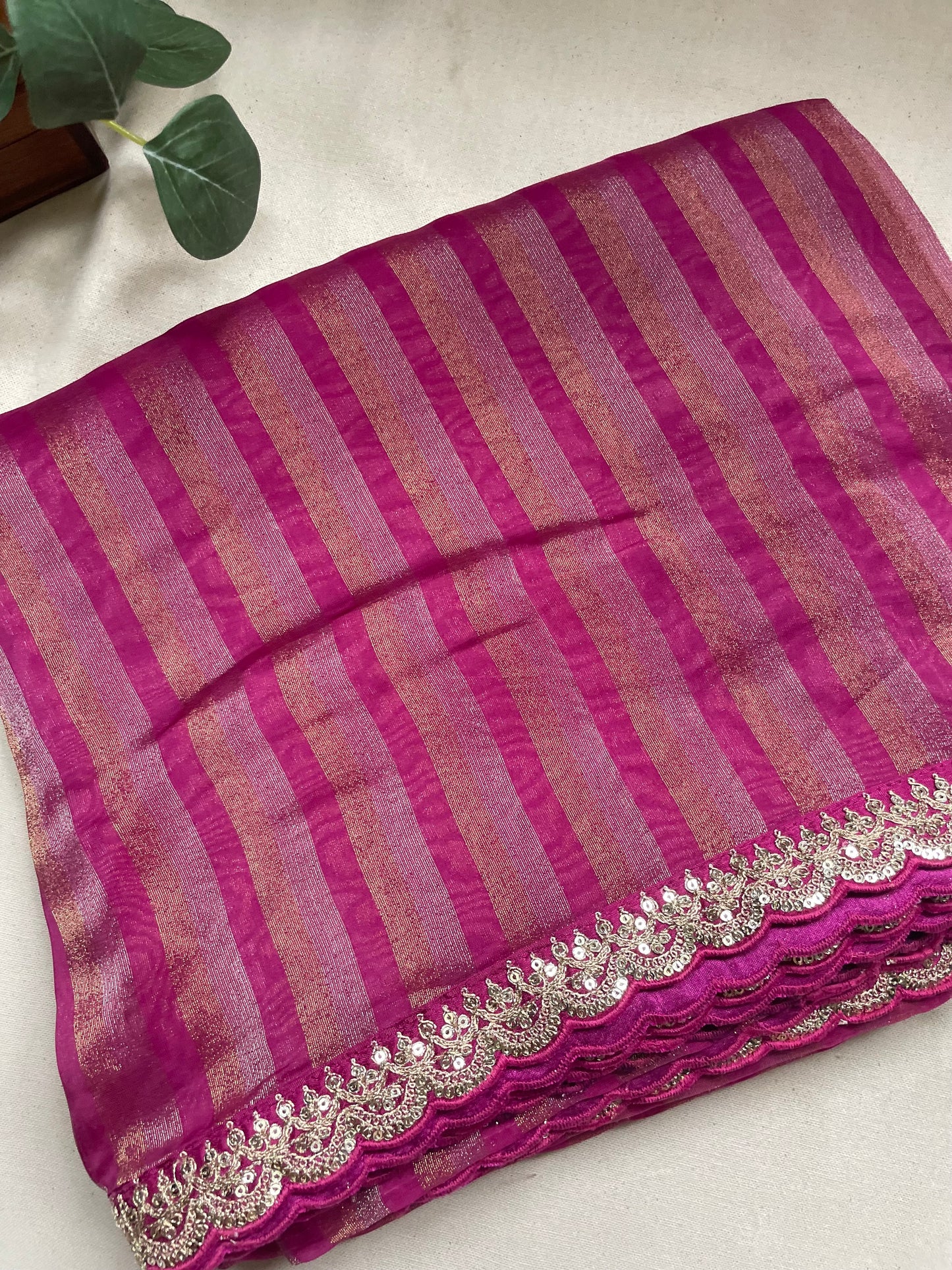 Wine Stripe Lace border Tissue Saree