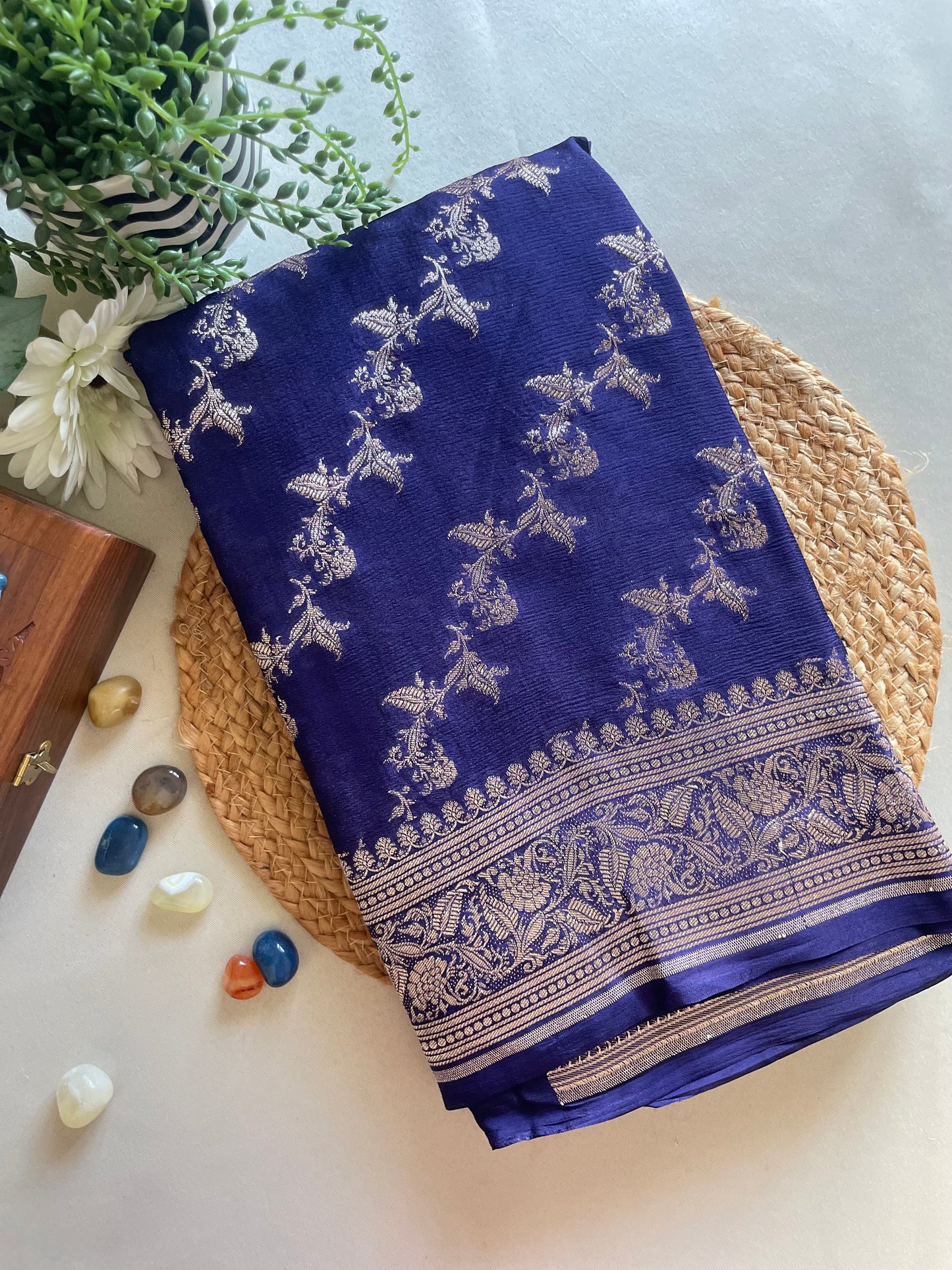 Navy Blue Banarai Pure Crepe Silk Saree