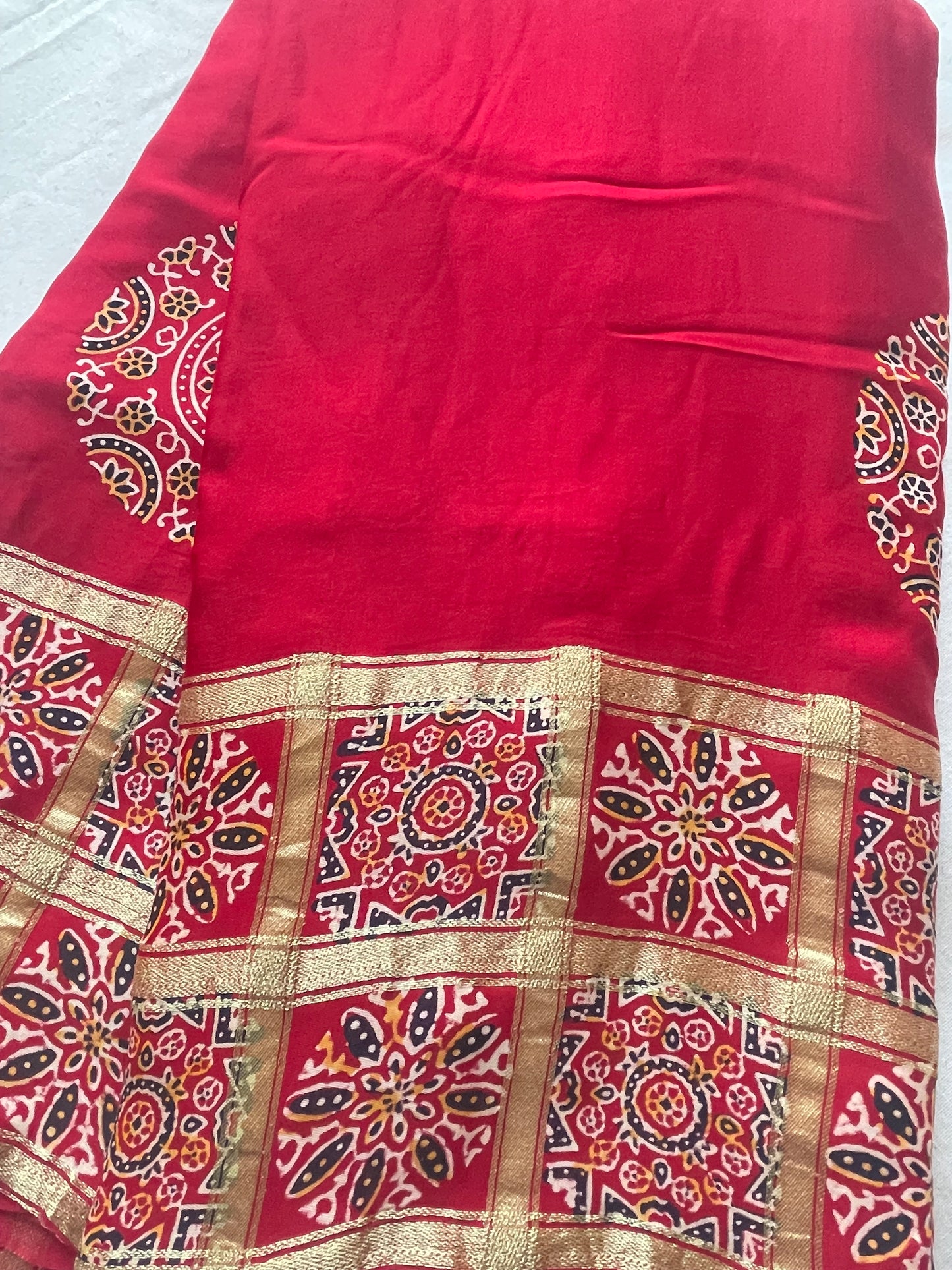 Red Ajrakh Gharchola Modal Silk Saree