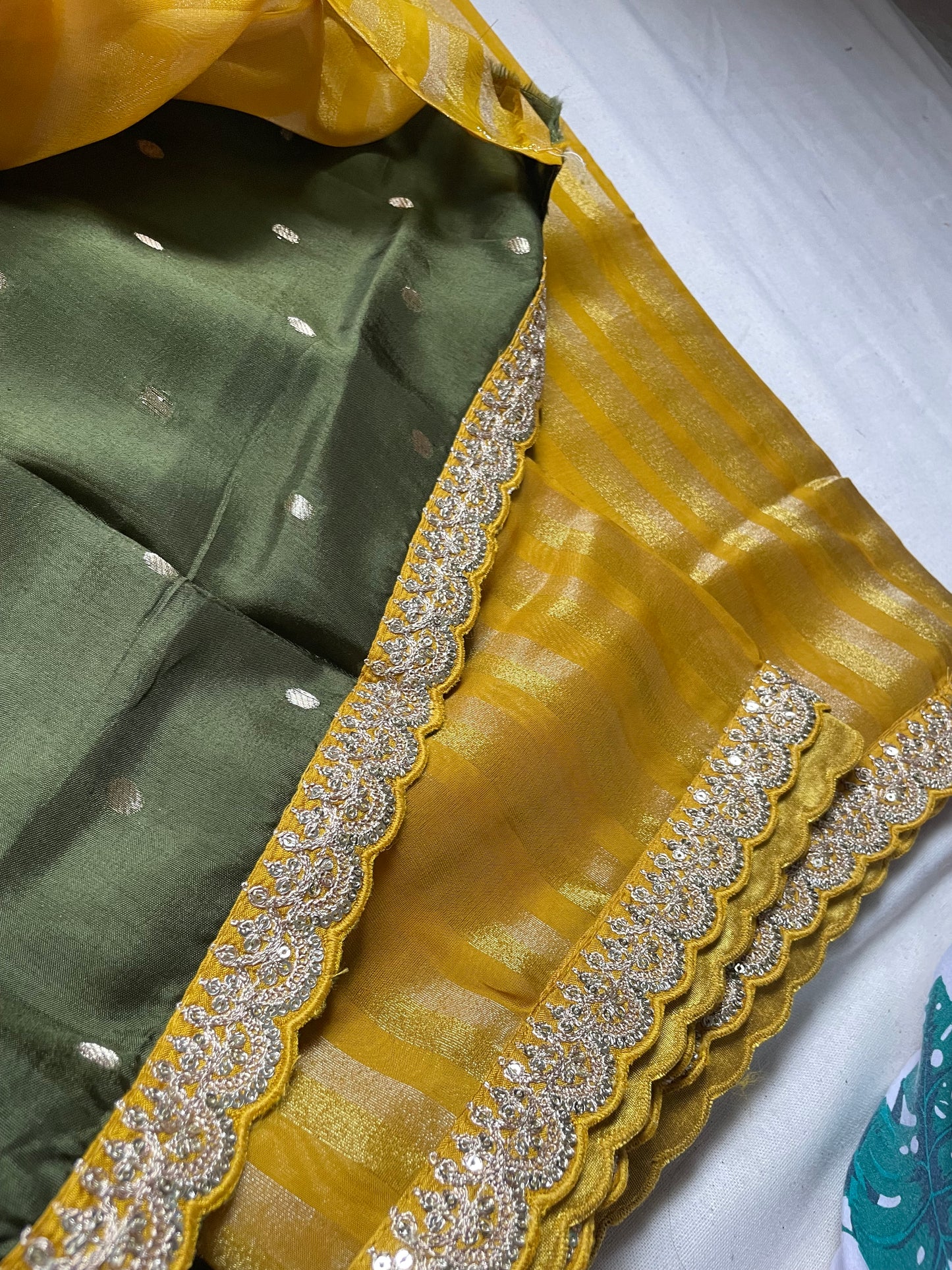 Yellow Stripe Lace border Tissue Saree
