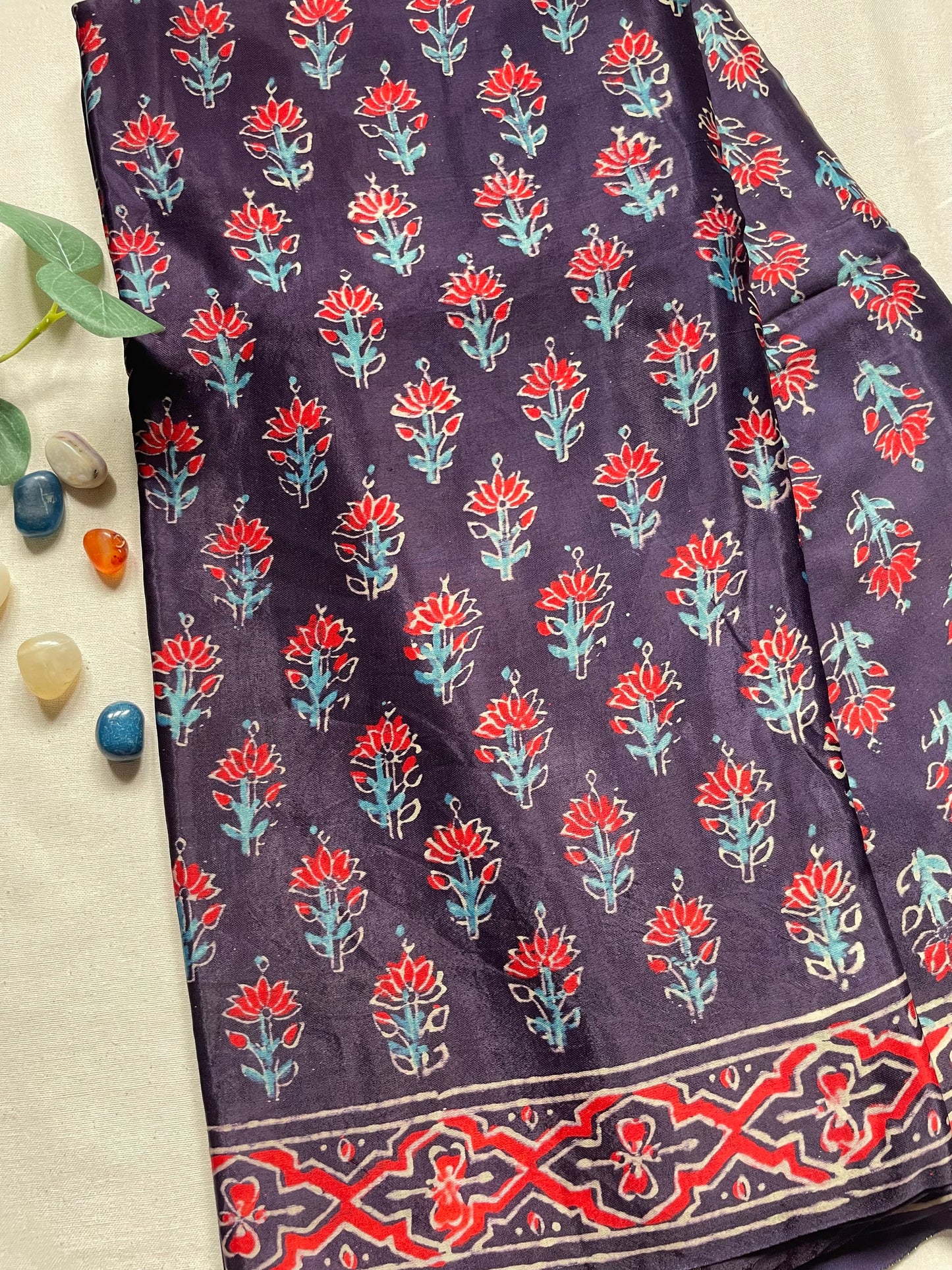 Navy Ajrakh Floral Zari Pallu Modal Silk Saree