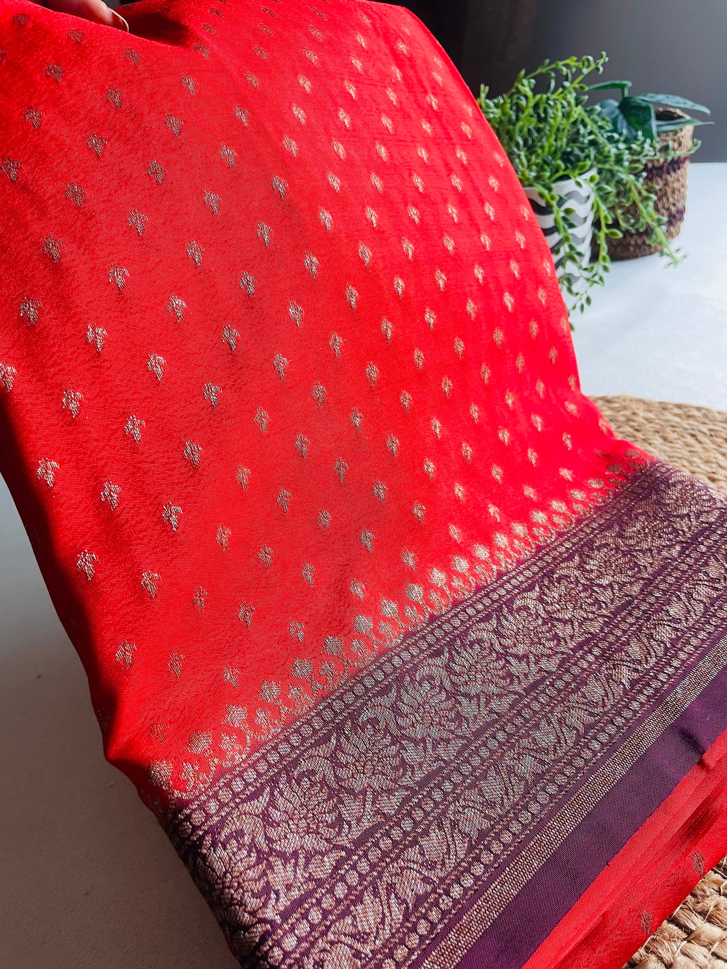 Orange n Wine Banarasi Pure Crepe Georgette Saree