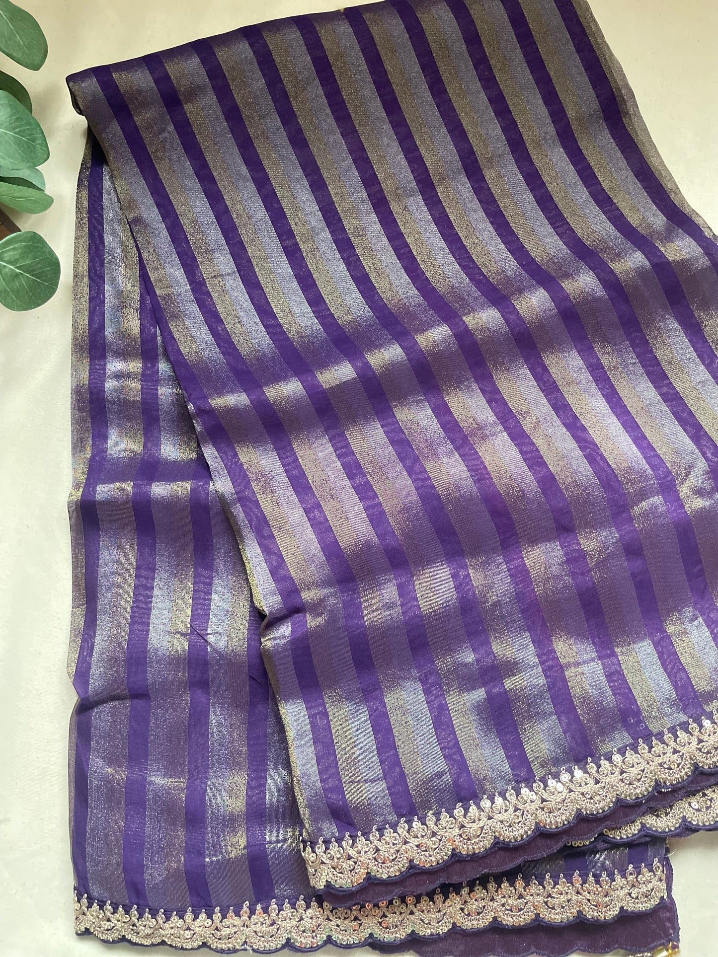Purple Stripe Lace border Tissue Saree