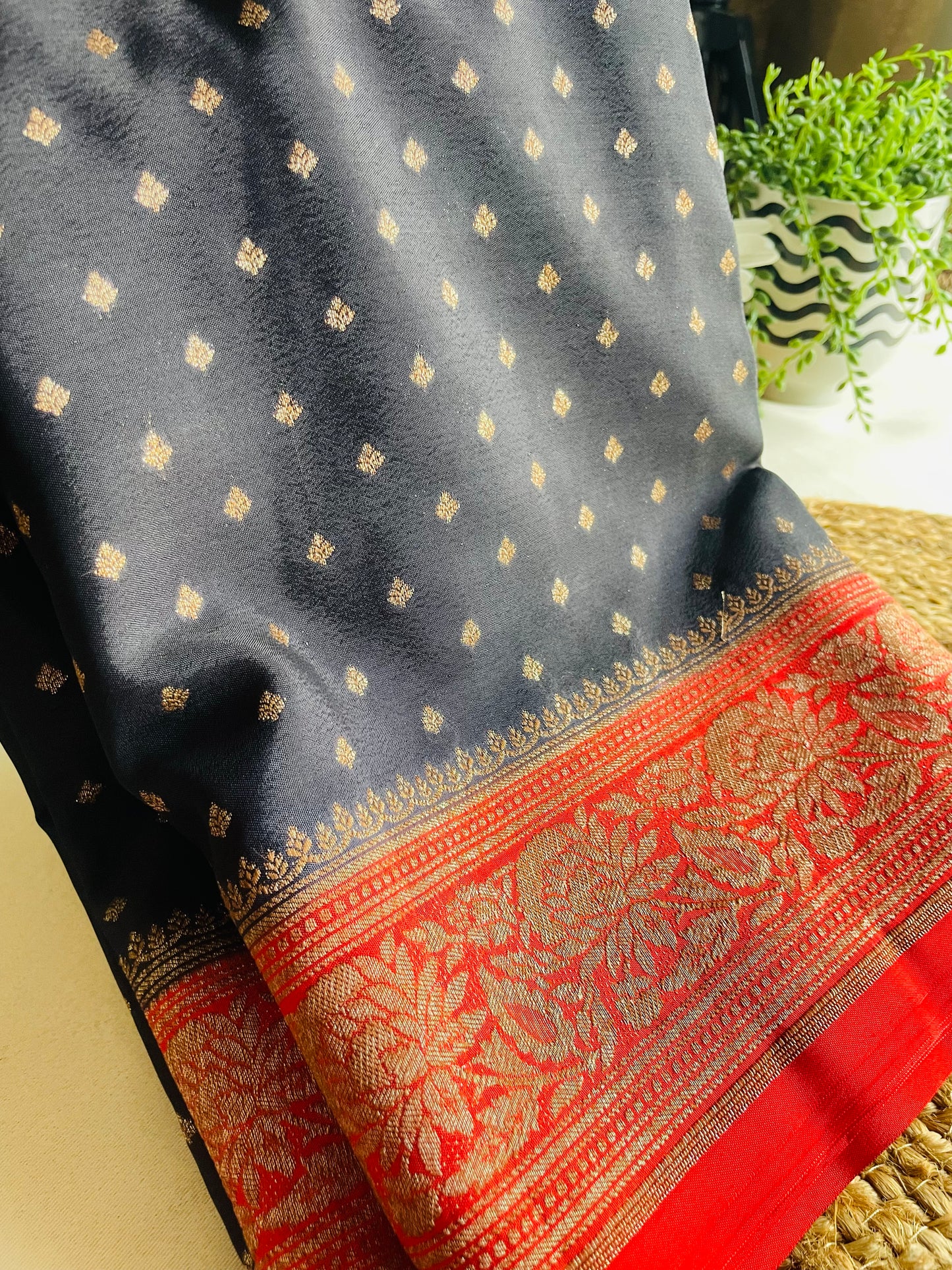 Black n Red Banarasi Pure Crepe Georgette Saree