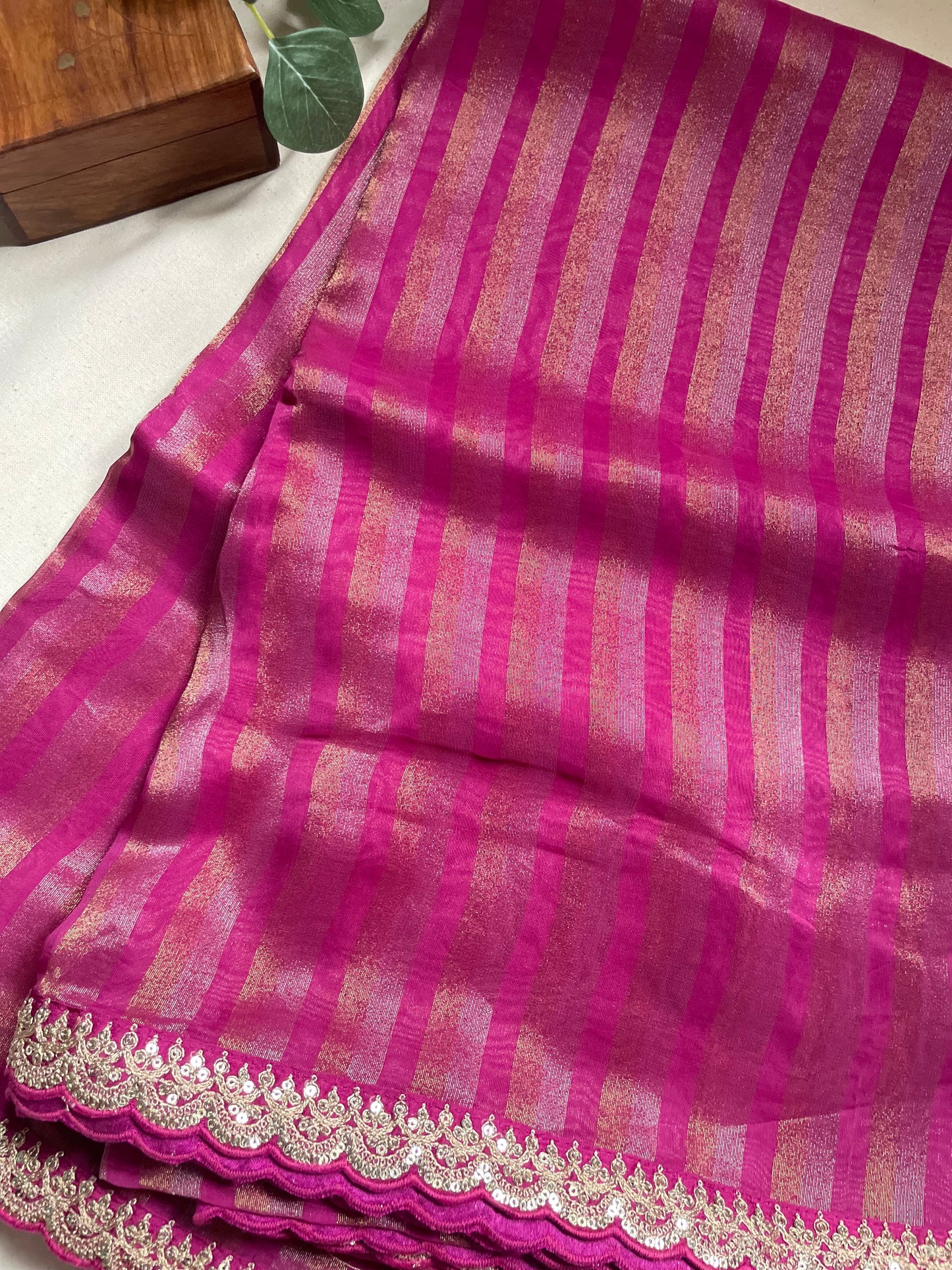 Wine Stripe Lace border Tissue Saree