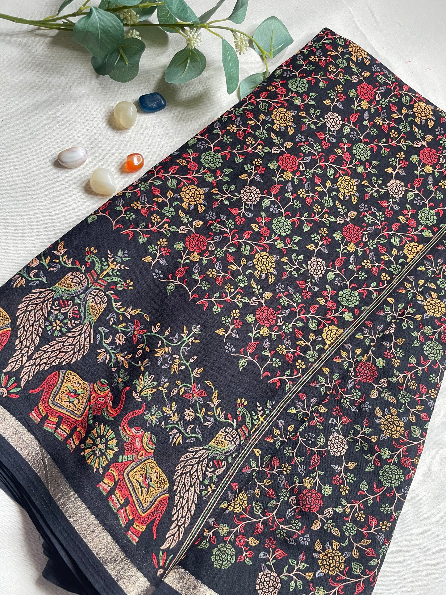 Black Floral Pashmina Silk saree