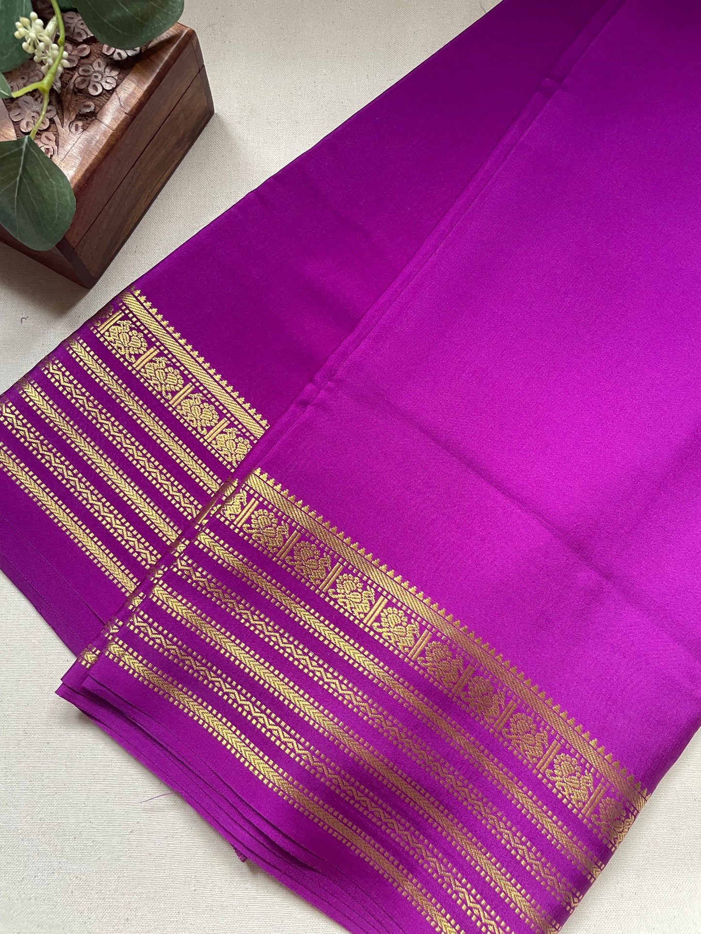 Purple Peacock Border Pure Mysore Crepe Silk Saree