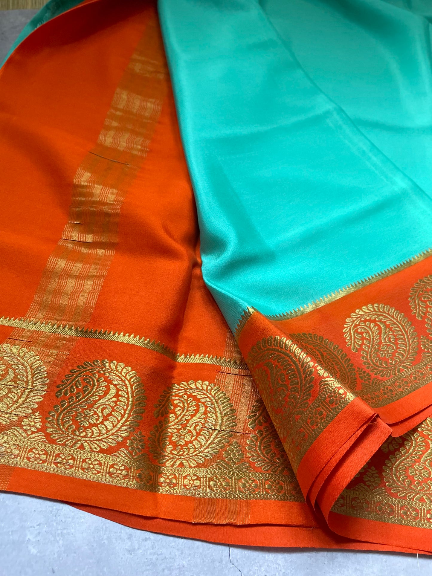 Sea Green N Orange Big Mango Pure Mysore Crepe Silk Saree