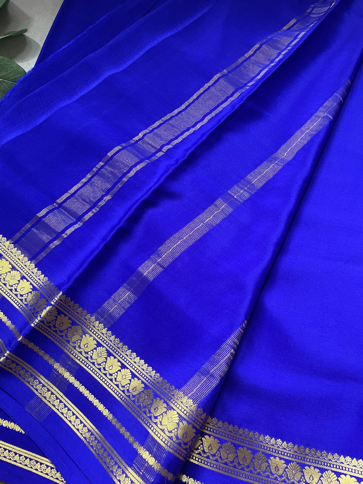 Royal Blue Floral Border Pure Mysore Crepe Silk Saree