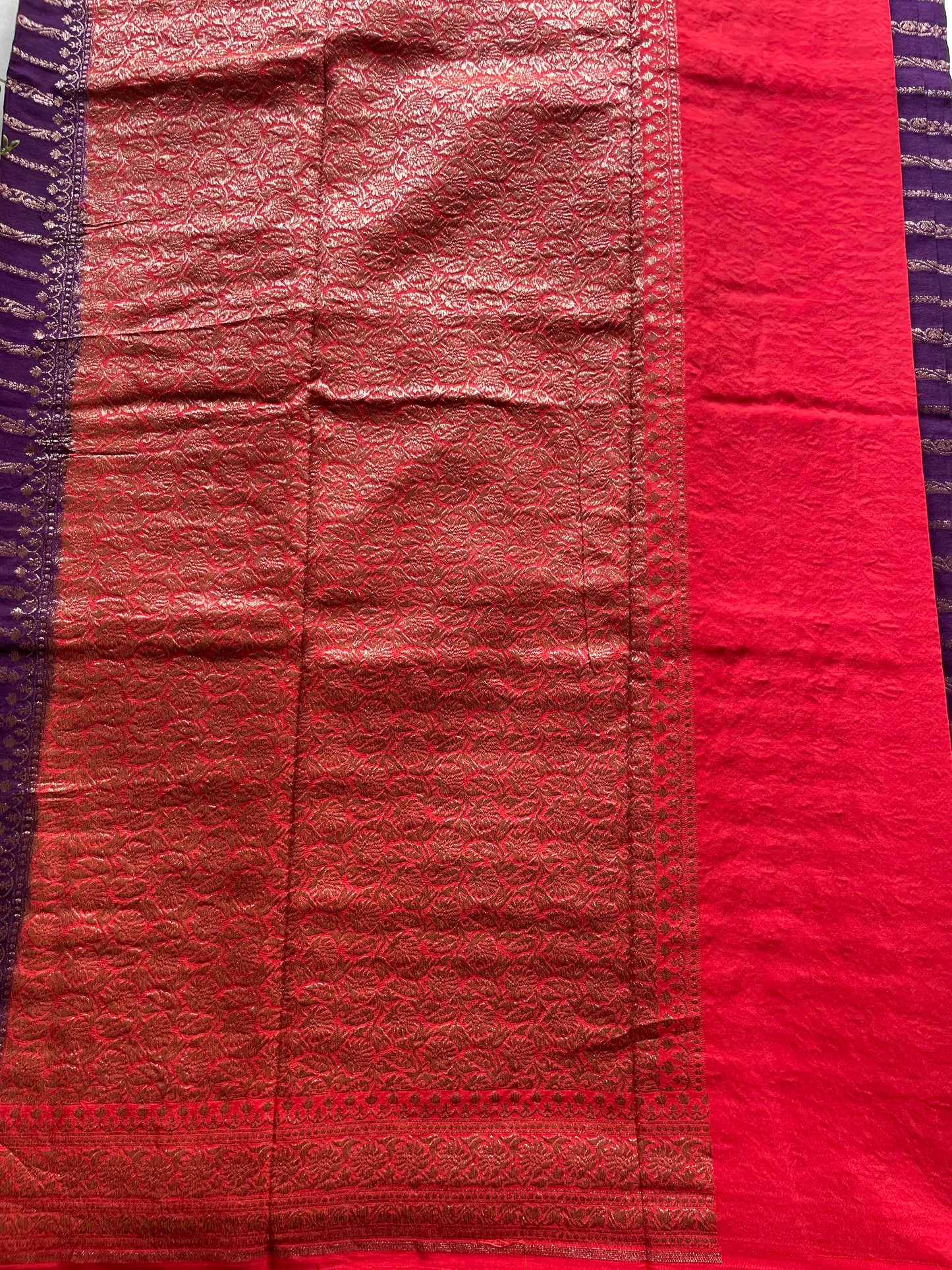 Purple n Red Stripes Banarasi Pure Crepe Georgette Saree