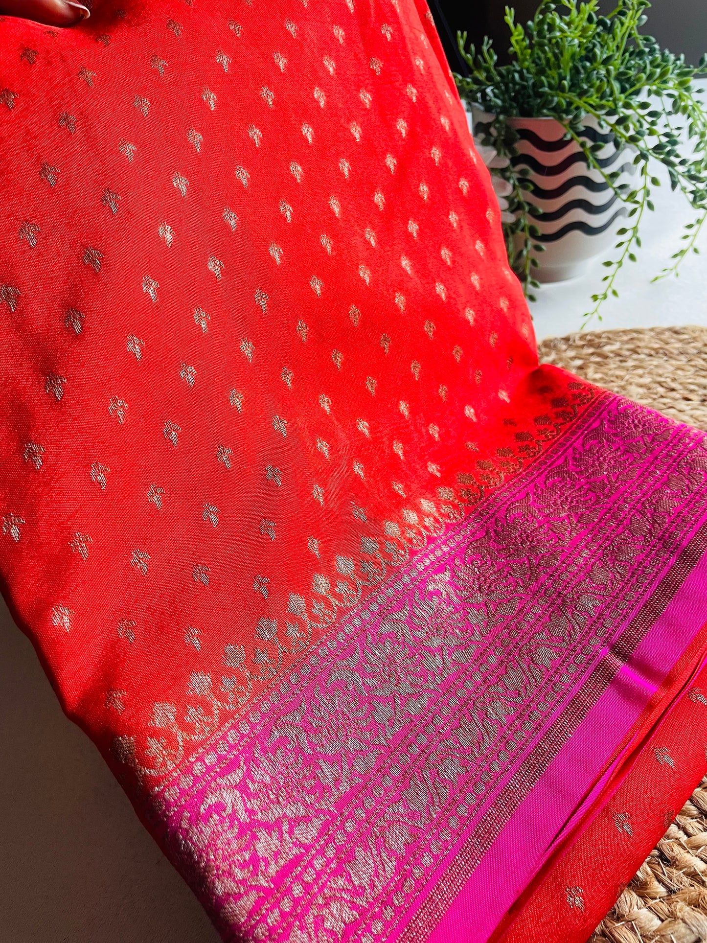 Orange n Pink Banarasi Pure Crepe Georgette Saree