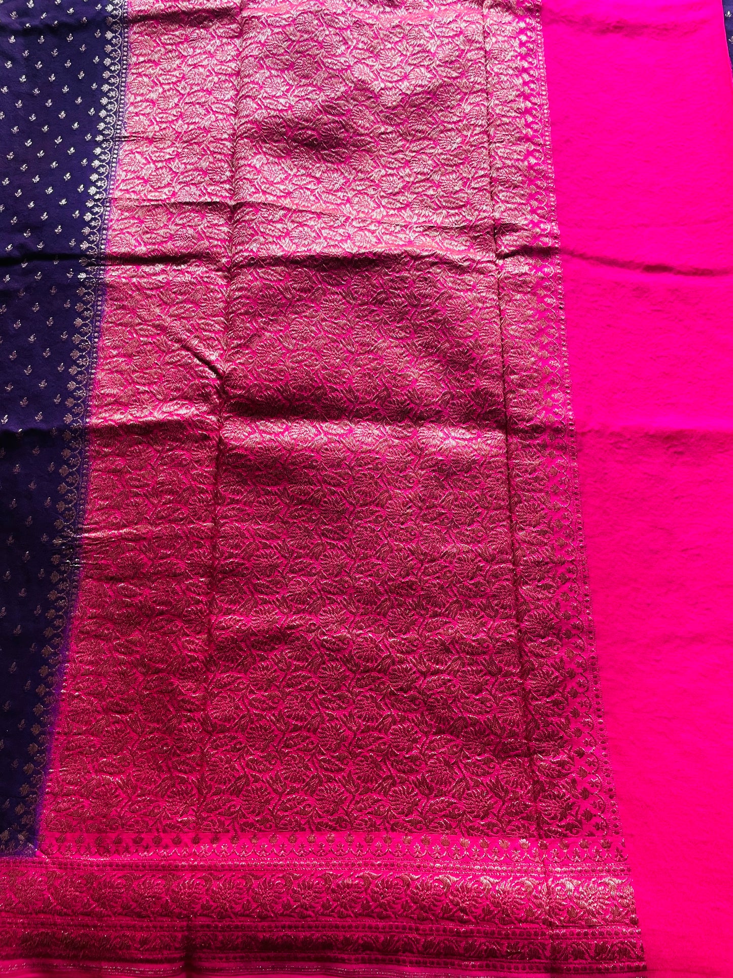 Purple n Pink Banarasi Pure Crepe Georgette Saree