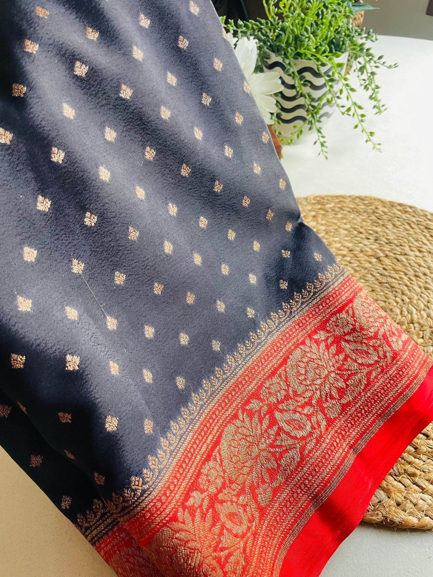 Black n Red Banarasi Pure Crepe Georgette Saree