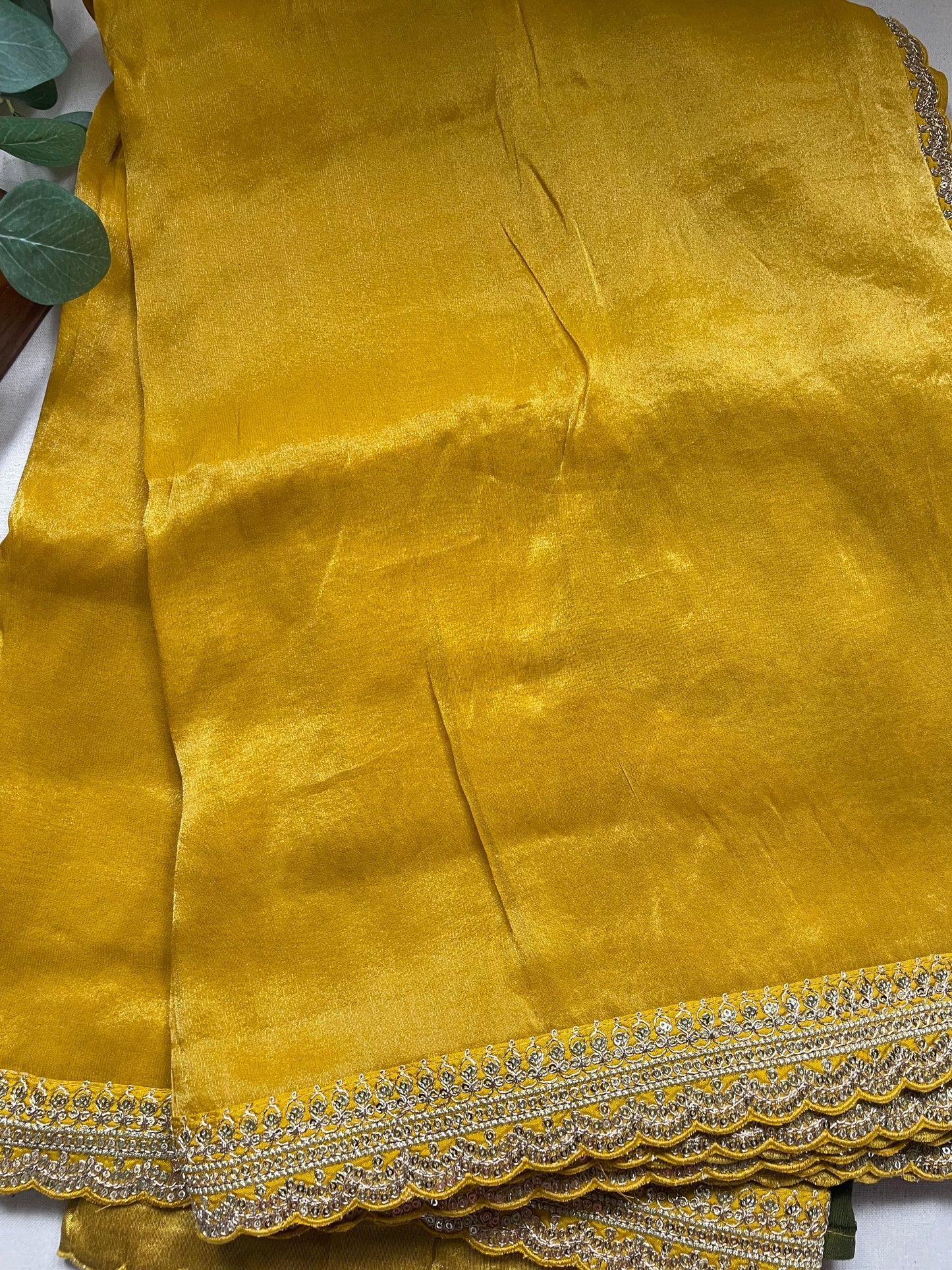 Yellow Lace border Tissue Saree