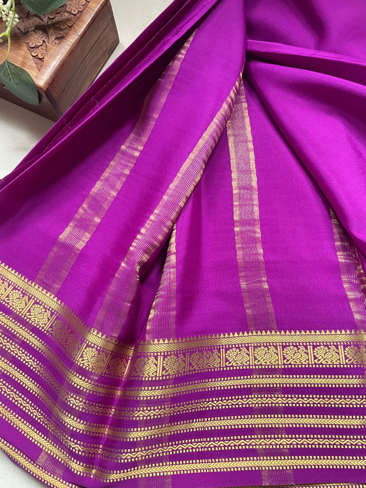 Purple Peacock Border Pure Mysore Crepe Silk Saree