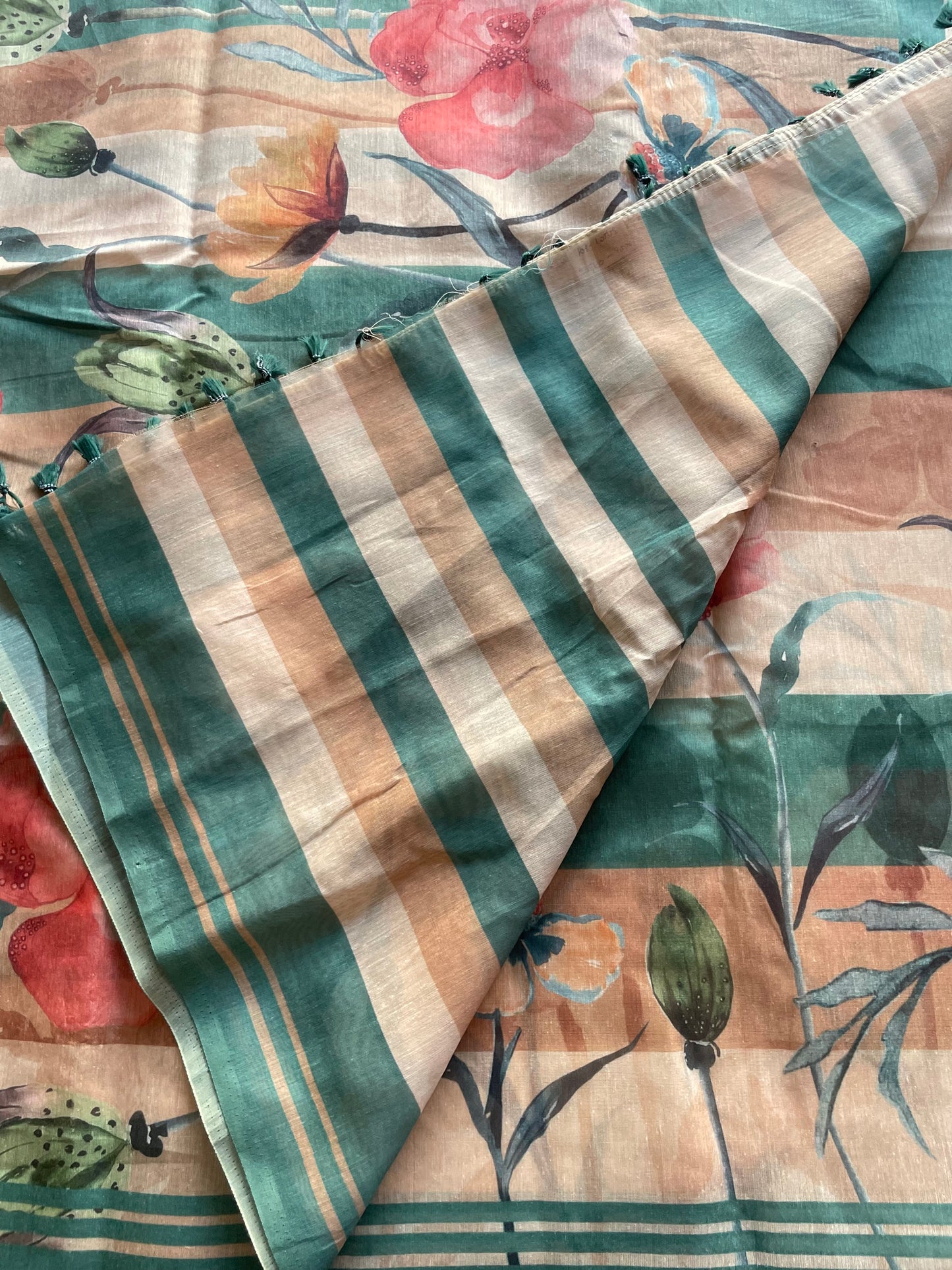 Green Floral Print Semi Tussar Saree