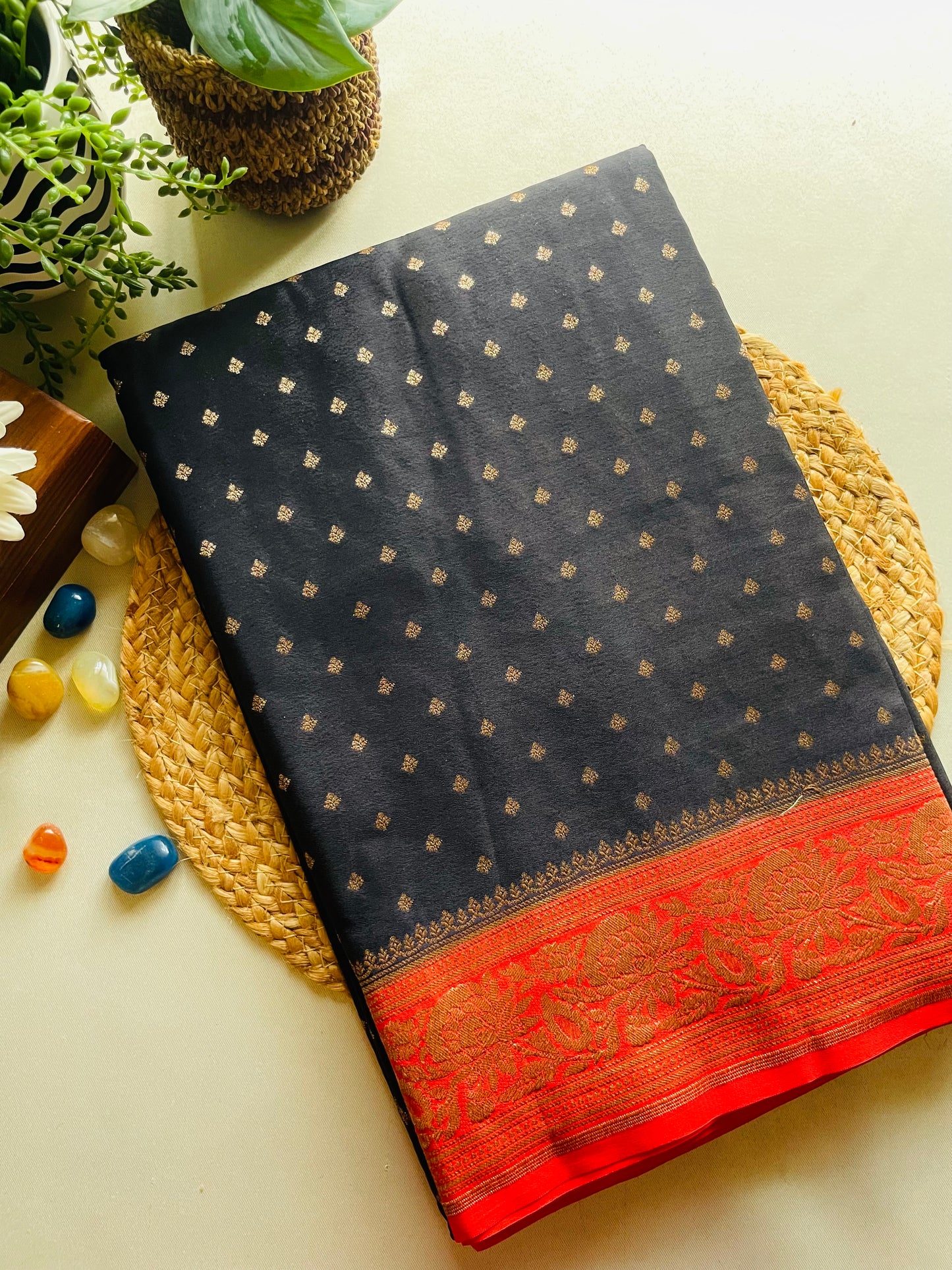 Black n Red Banarasi Pure Crepe Georgette Saree