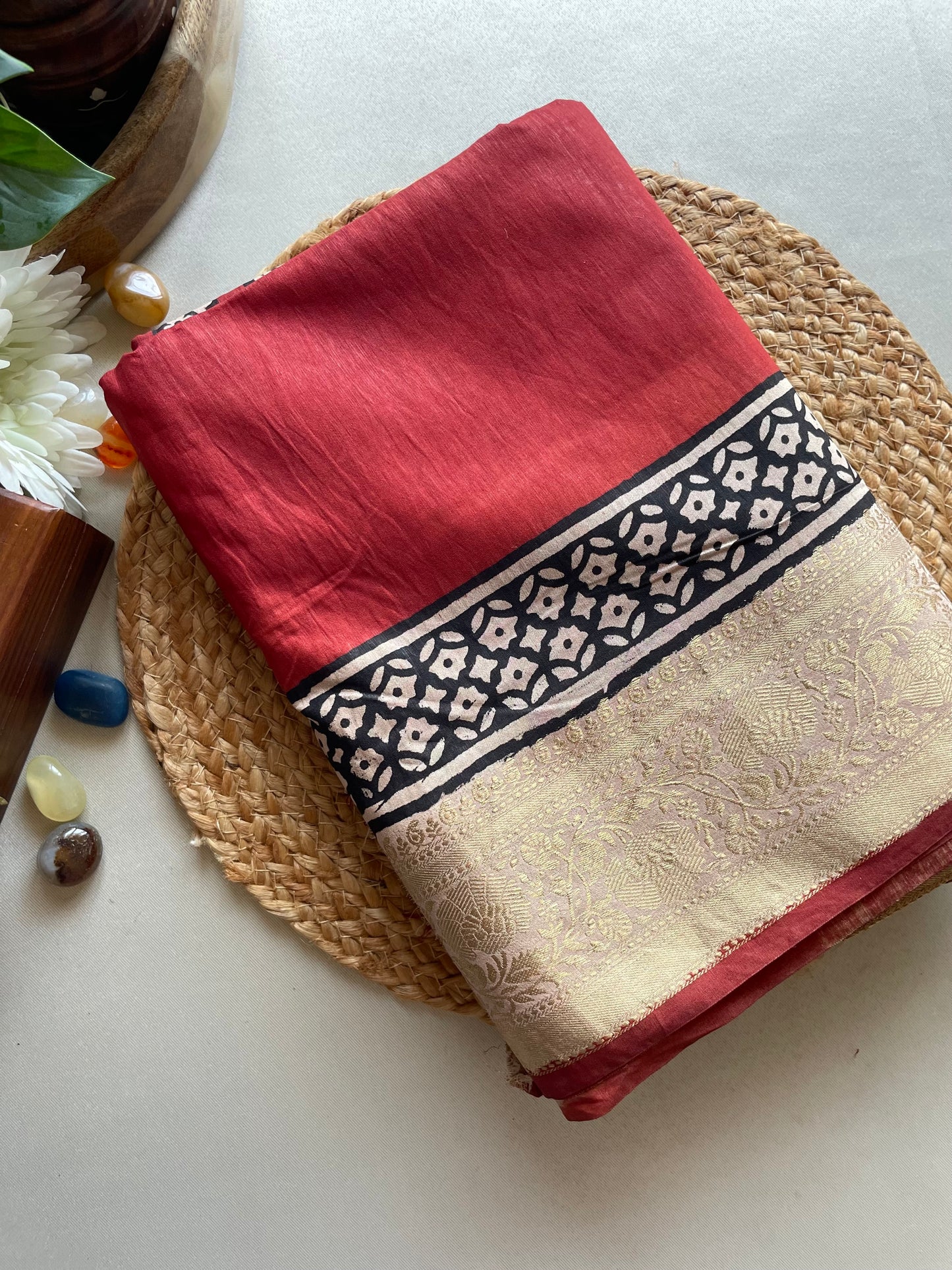 Ajrakh 02 HandBlock Maheshwari Silk Cotton Saree