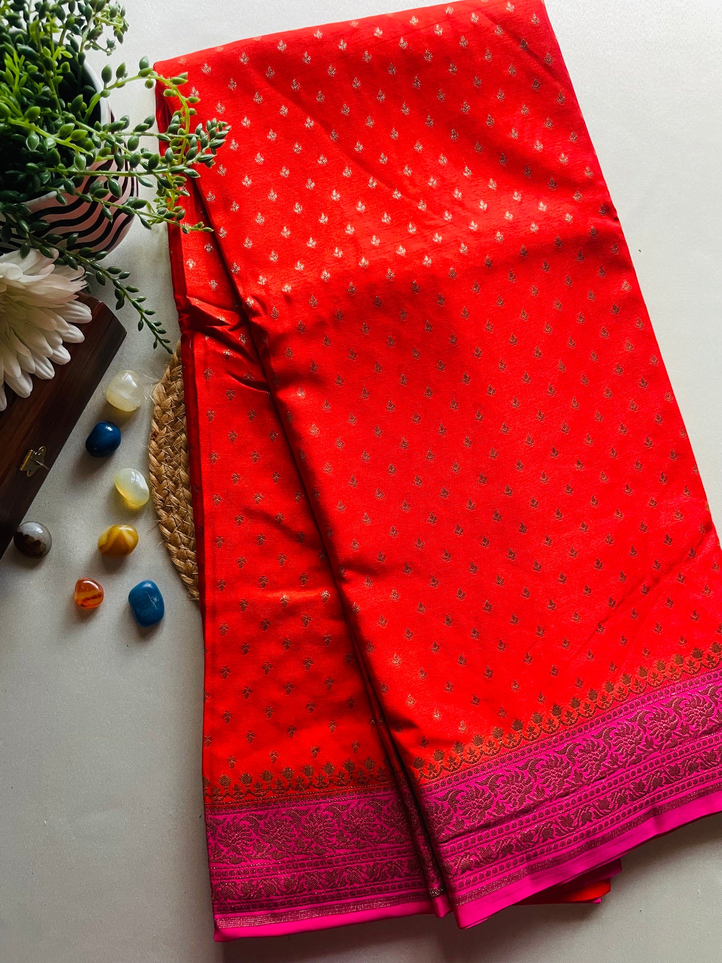 Orange n Pink Banarasi Pure Crepe Georgette Saree