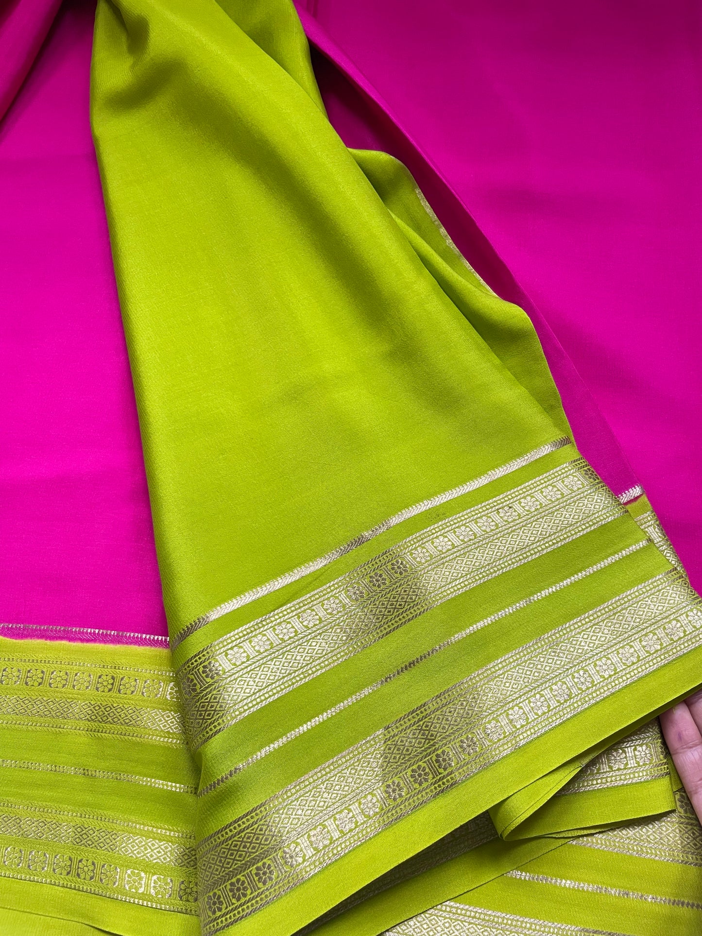 Pink N Green Bentex Pure Mysore Crepe Silk Saree