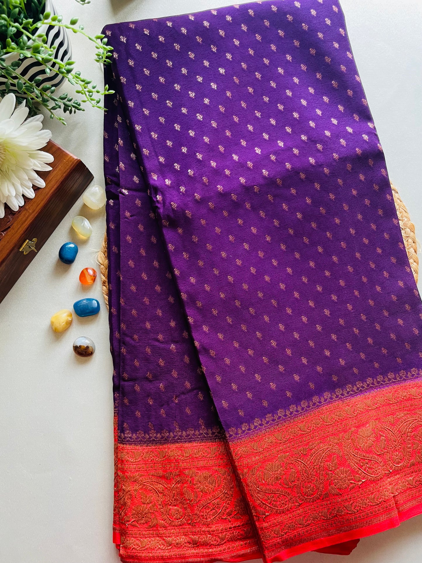 Purple n Red 03 Banarasi Pure Crepe Georgette Saree