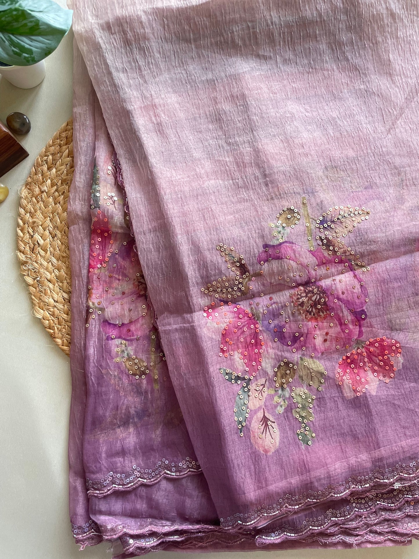Purple Scallop Embroidered Crushed Tissue Saree