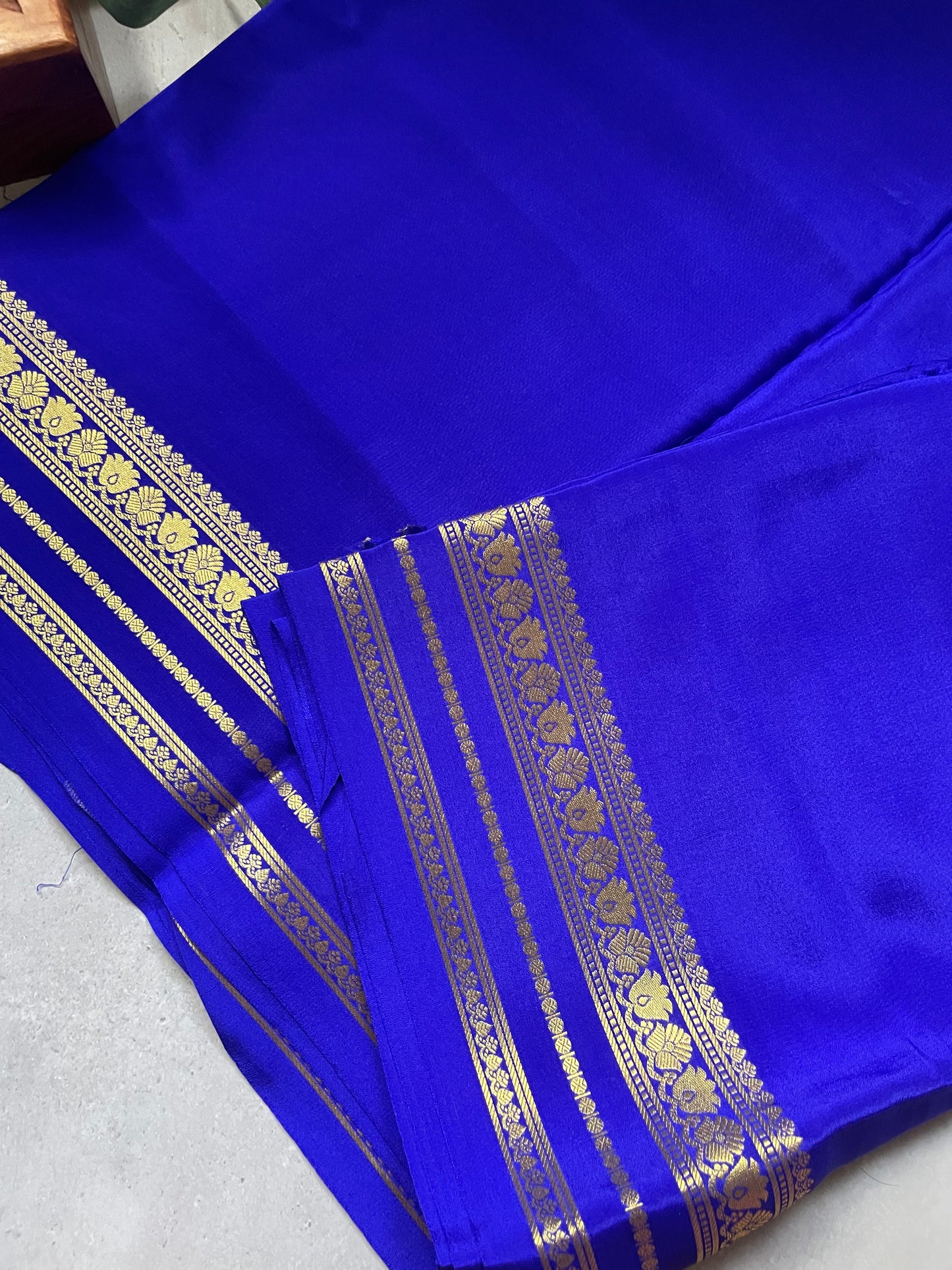 Royal Blue Floral Border Pure Mysore Crepe Silk Saree