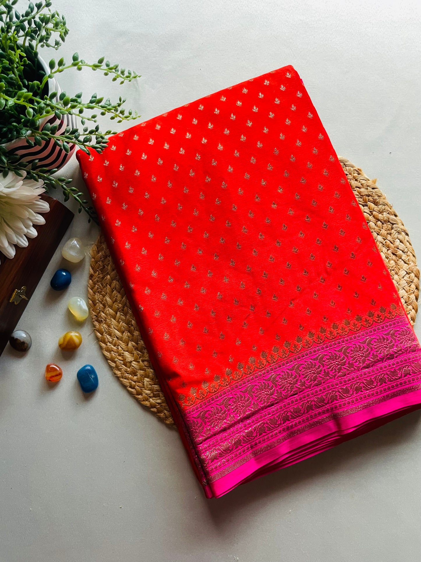 Orange n Pink Banarasi Pure Crepe Georgette Saree