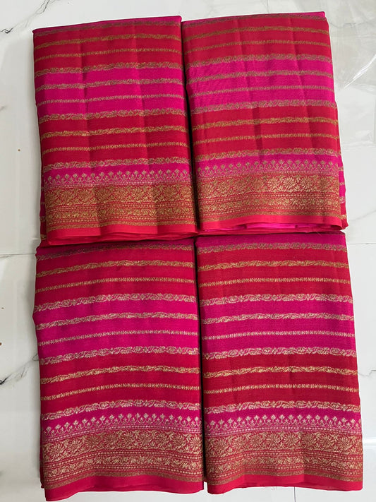Pink Shaded Stripes Banarasi Pure Crepe Chiffon Saree