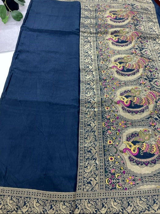 Peacock Blue Meenakari Pallu Dola Silk Saree