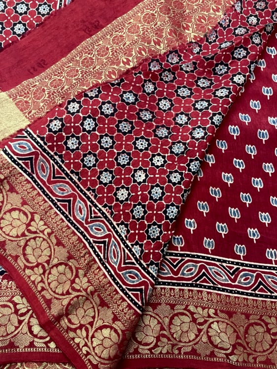 Red Lotus Ajrakh Handblock Dola Silk Saree
